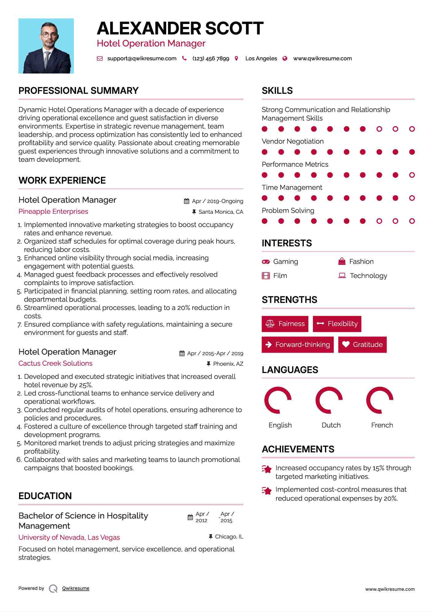 Hotel Operation Manager Resume Example