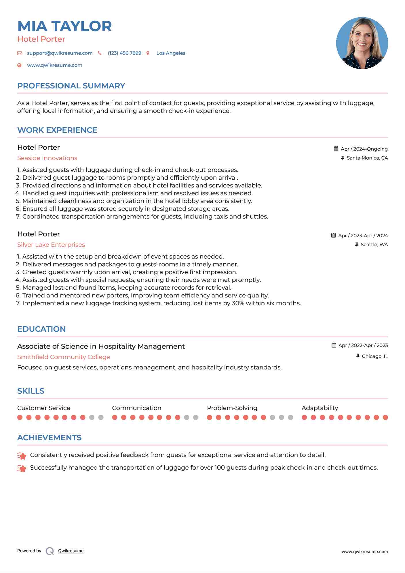 Hotel Porter Resume Model