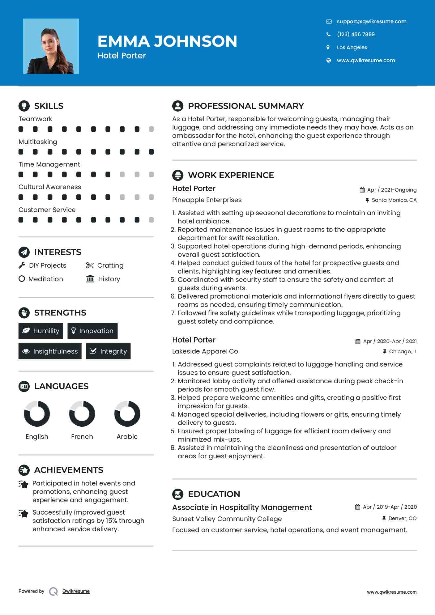 Hotel Porter Resume Model