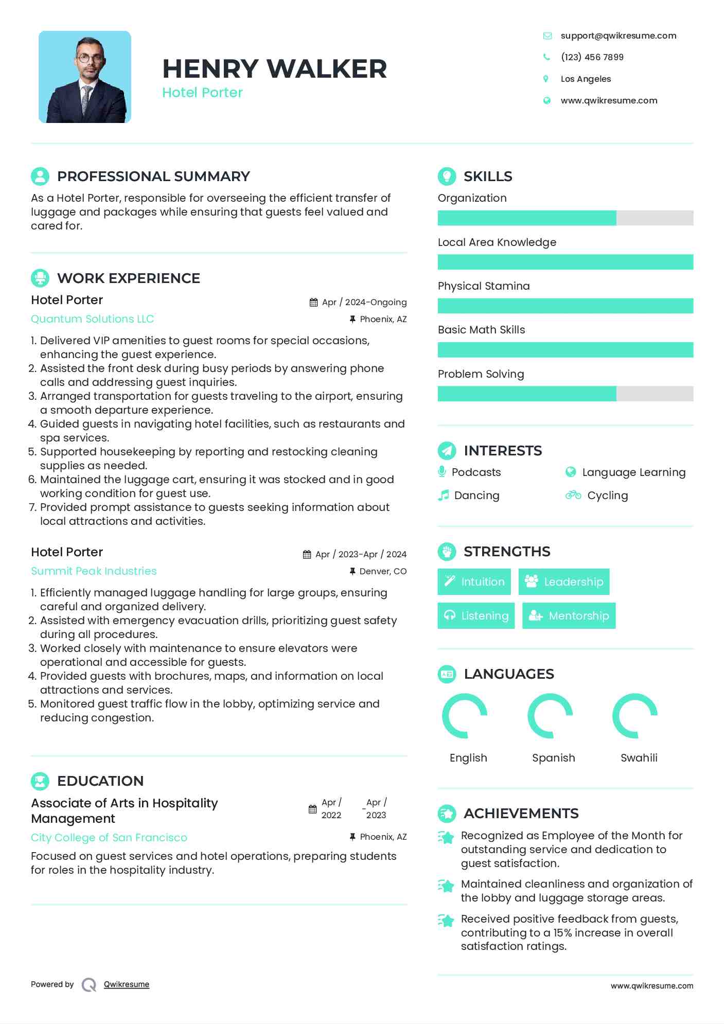 Hotel Porter Resume Example