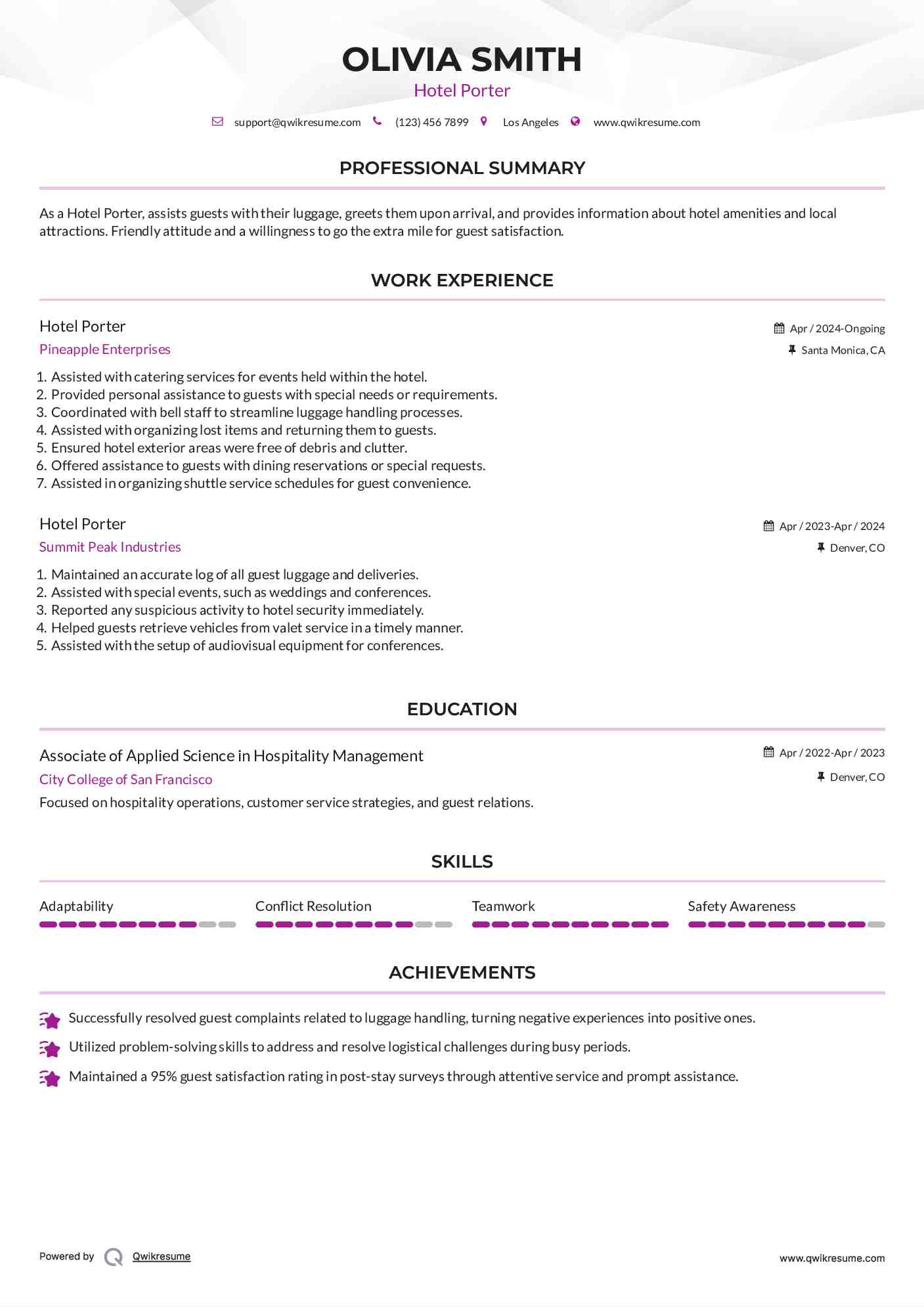 Hotel Porter Resume Format