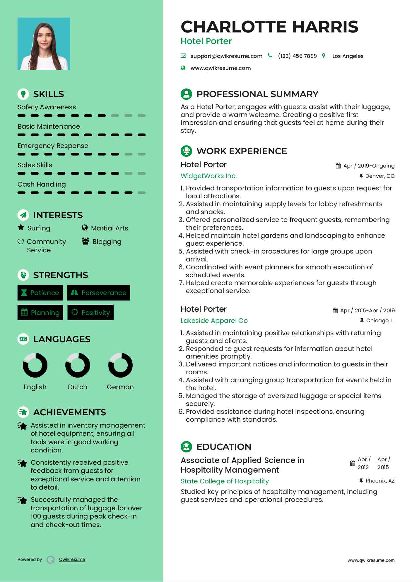 Hotel Porter Resume Template