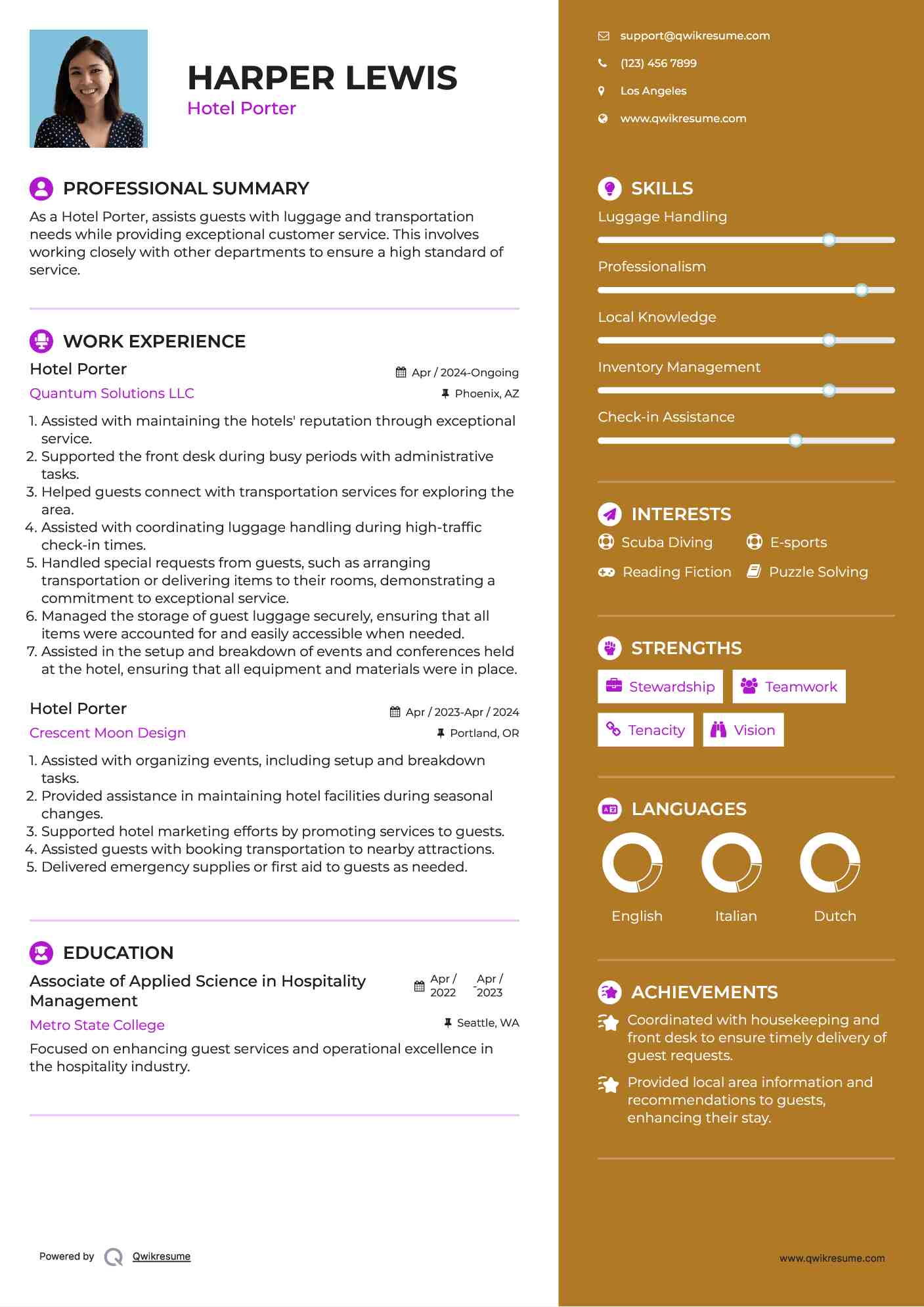 Hotel Porter Resume Example