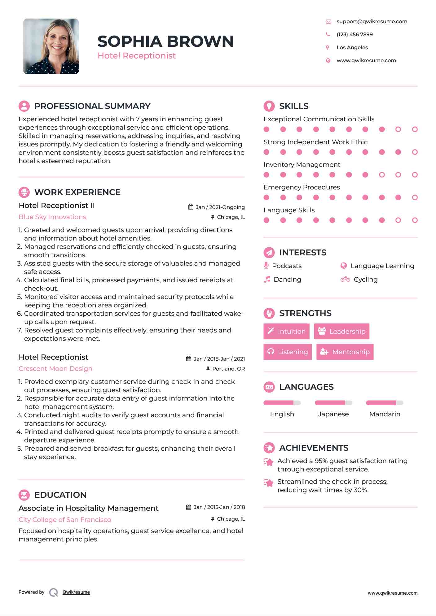 Hotel Receptionist Resume Samples QwikResume