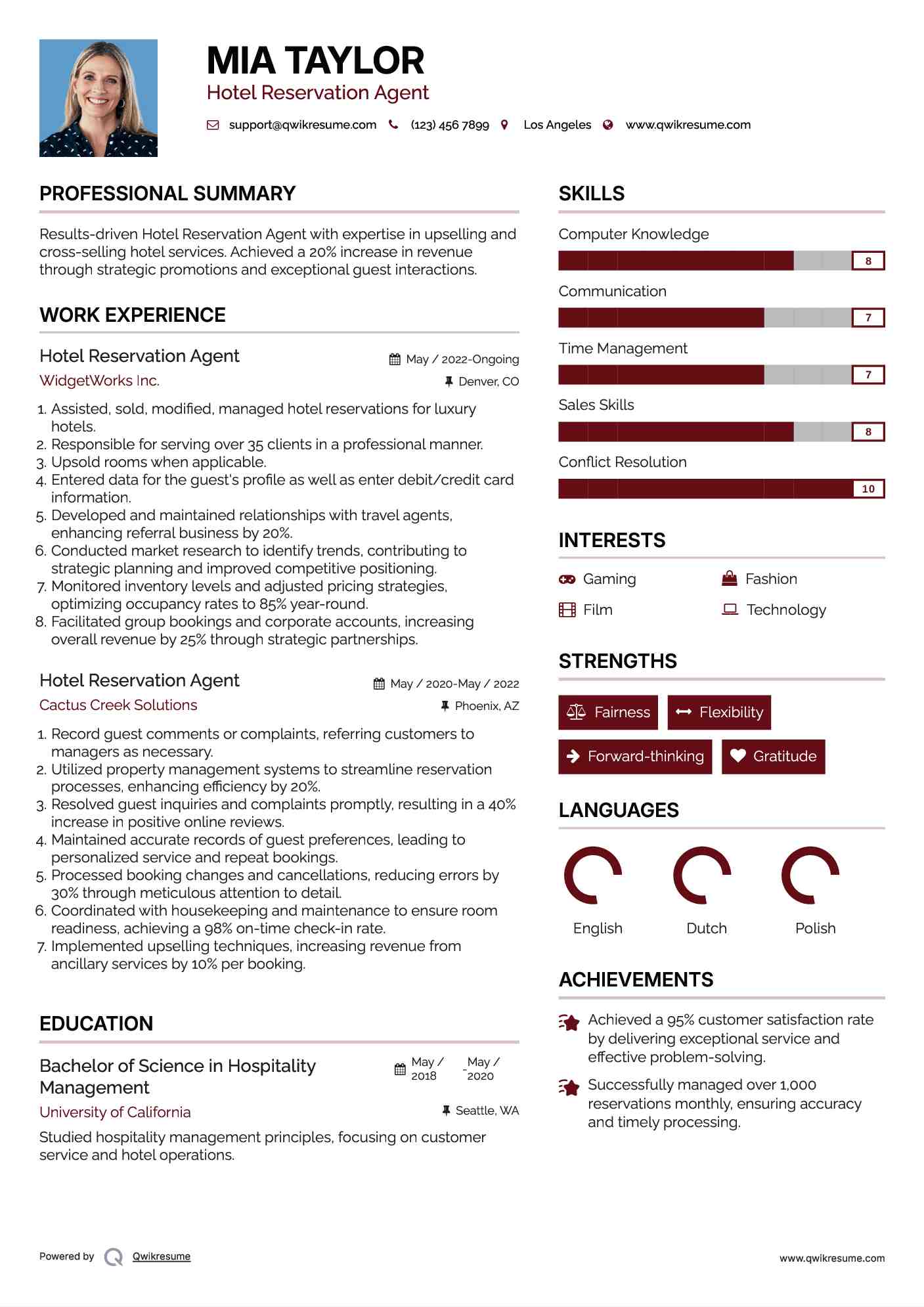 Hotel Reservation Agent Resume Model