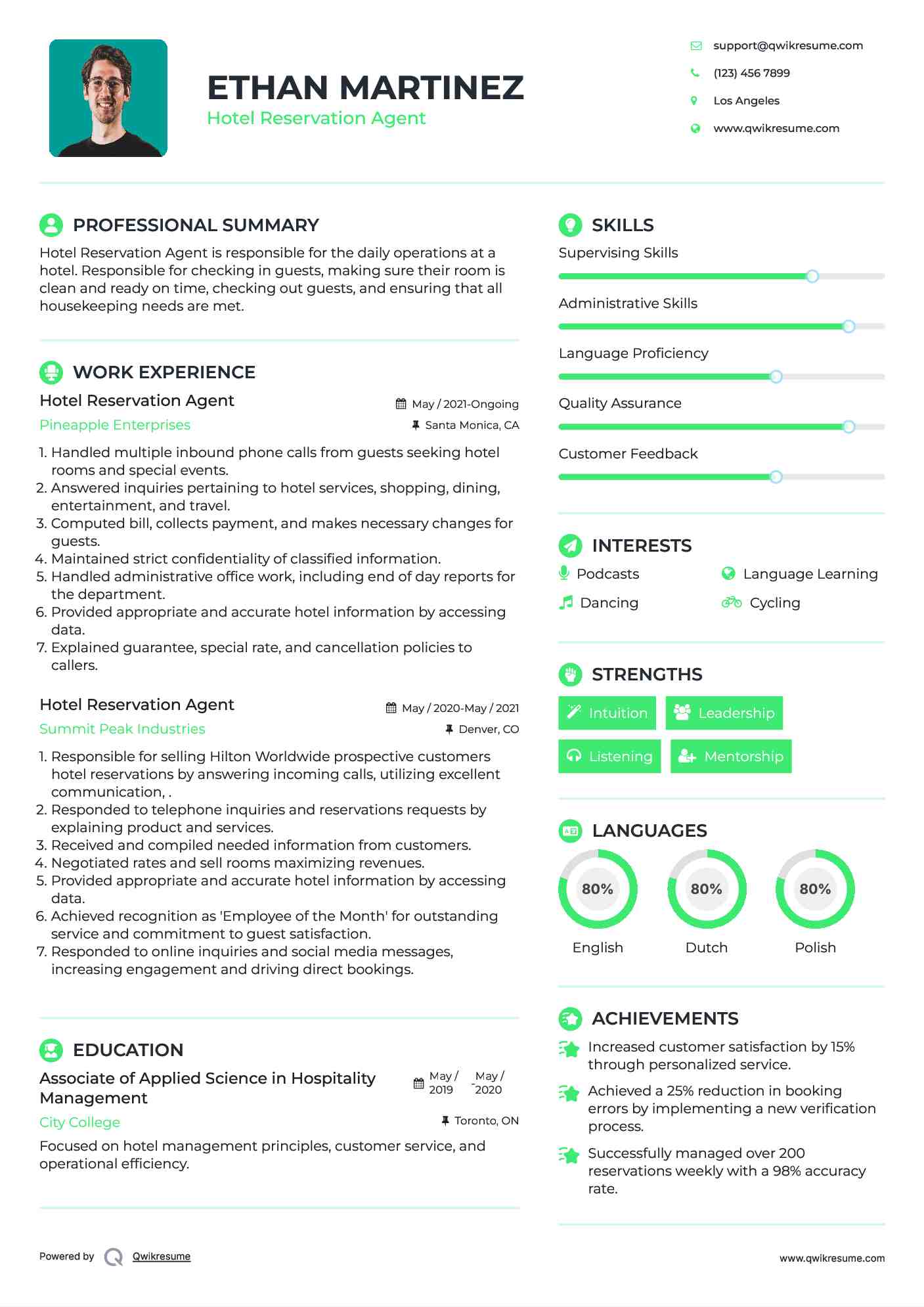 Hotel Reservation Agent Resume Model