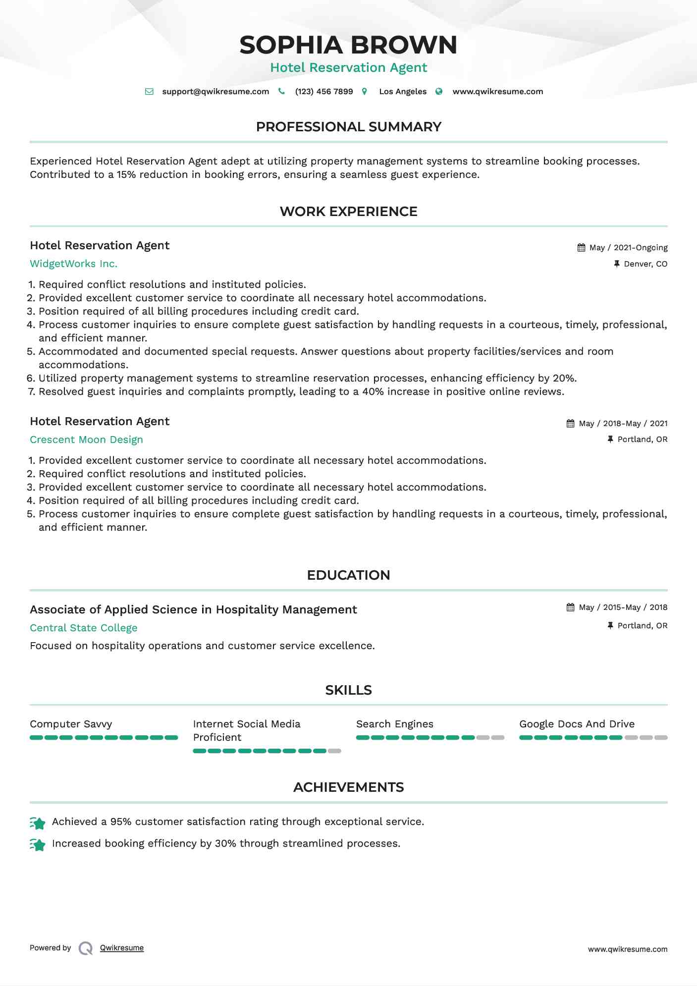 Hotel Reservation Agent Resume Format