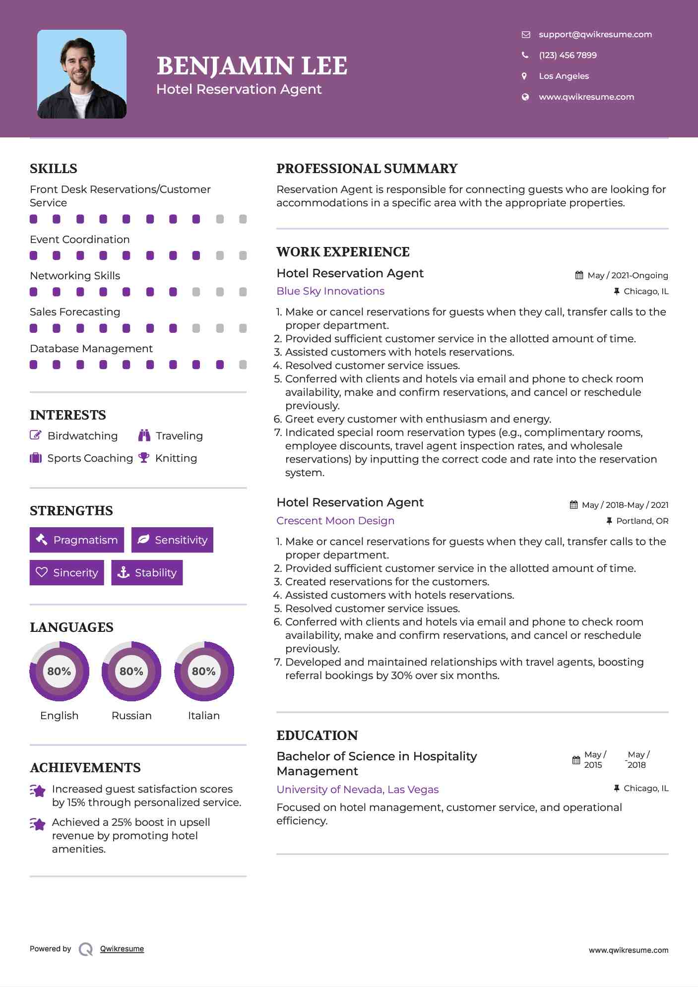 Hotel Reservation Agent Resume Format