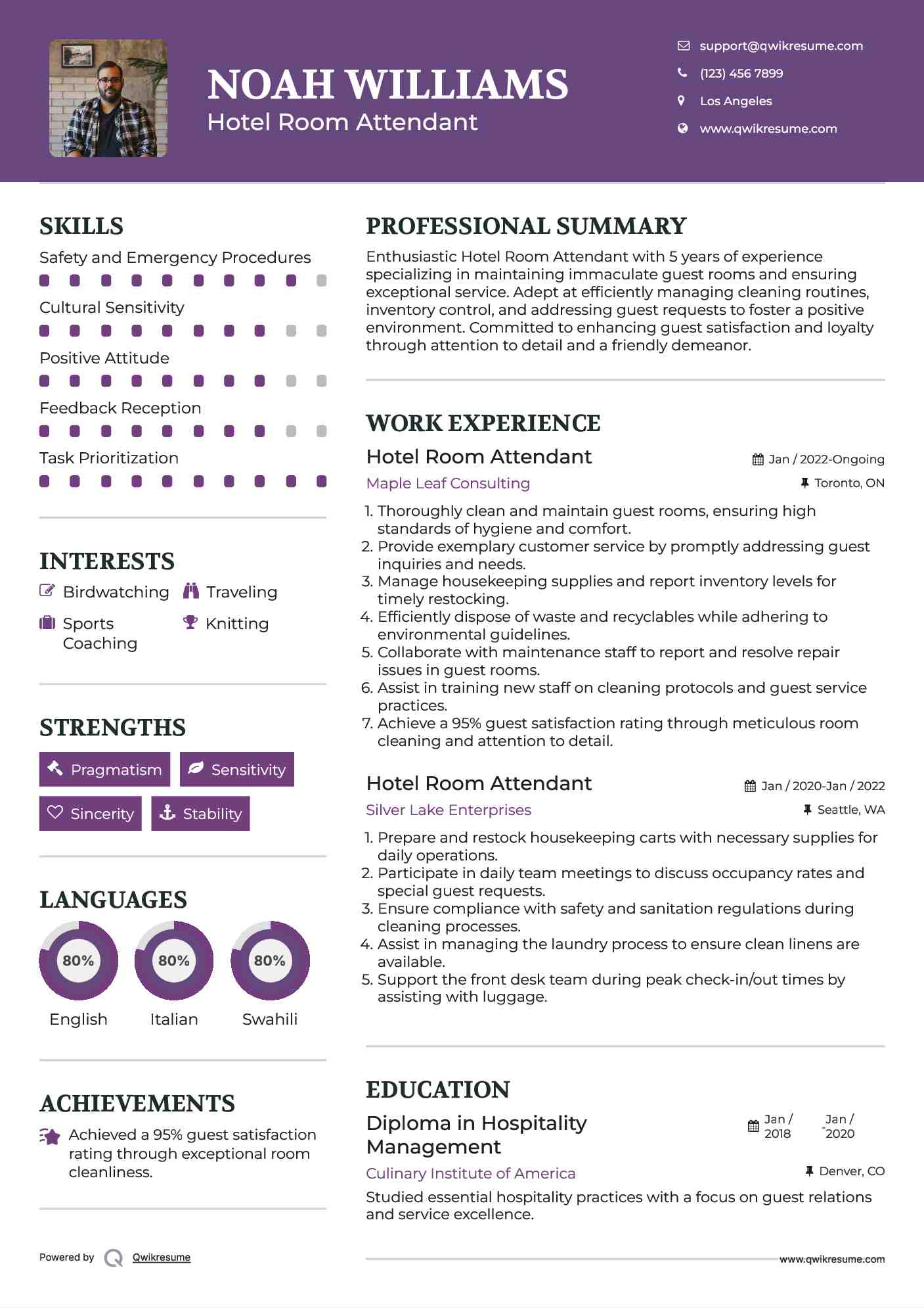Hotel Room Attendant Resume Format
