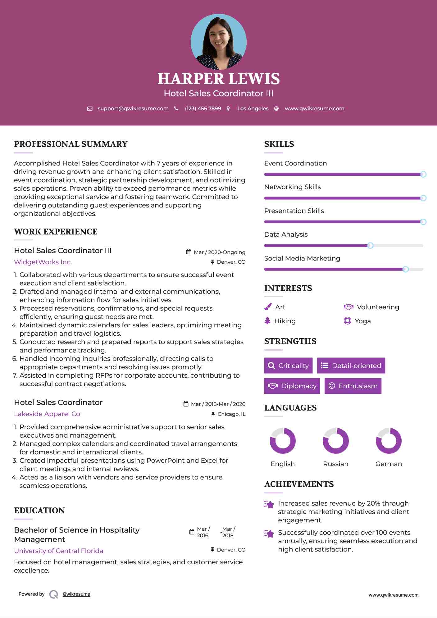 Hotel Sales Coordinator III Resume Format