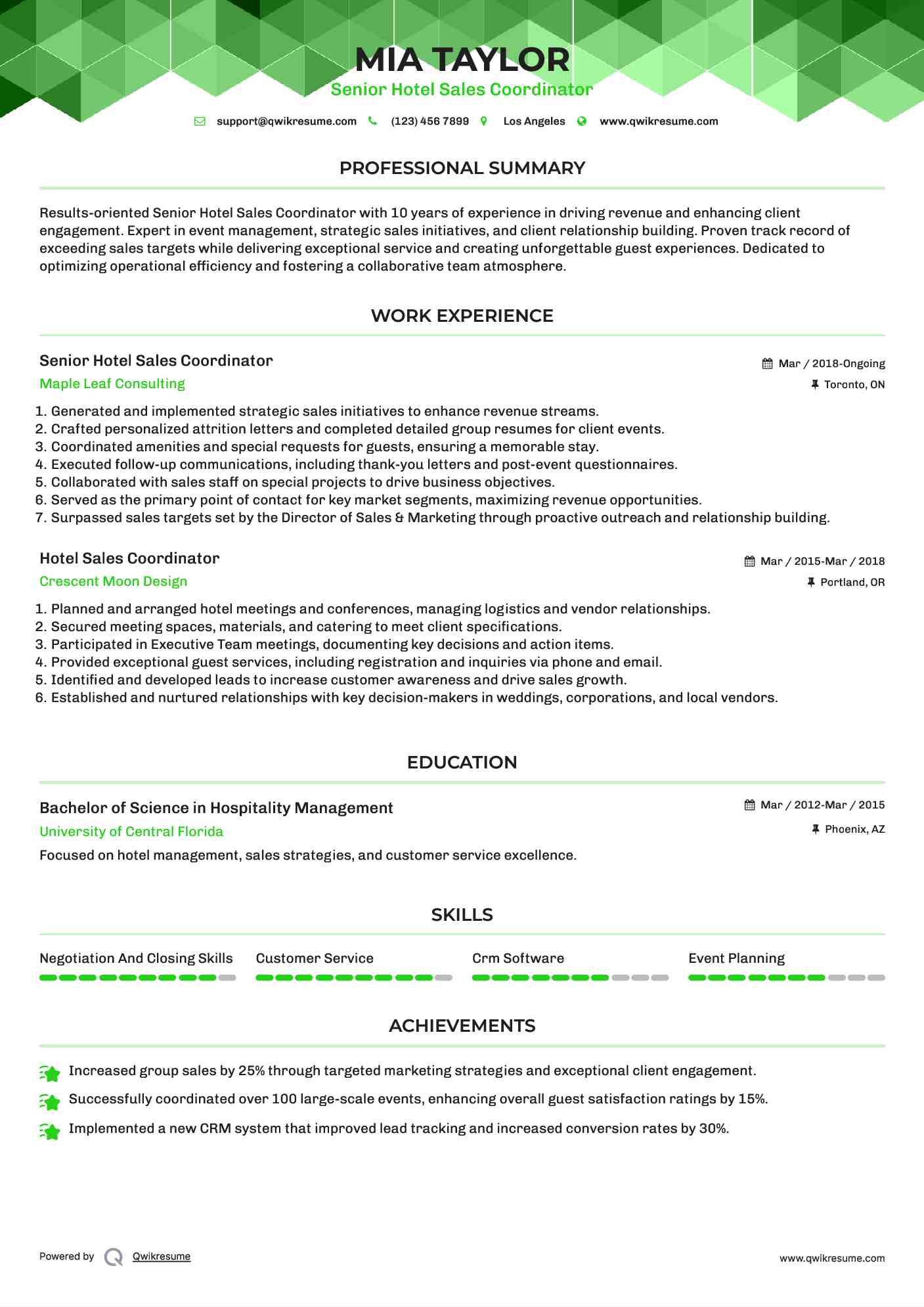 Senior Hotel Sales Coordinator  Resume Example
