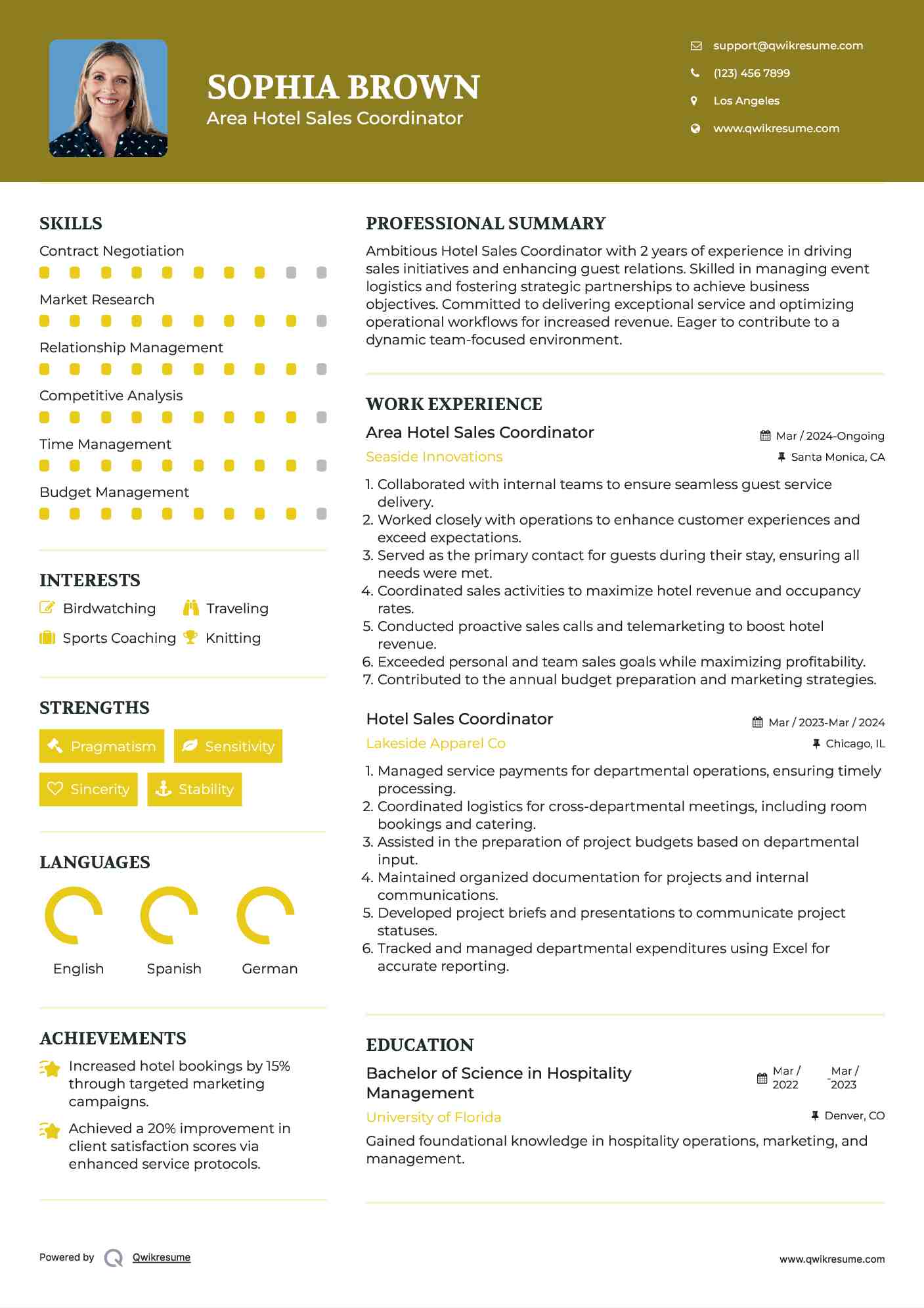 Area Hotel Sales Coordinator Resume Template