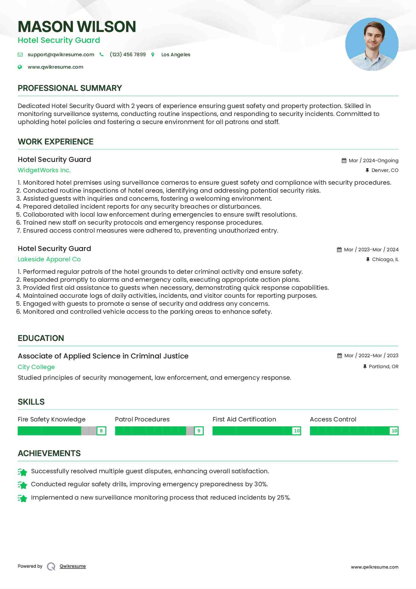 Hotel Security Guard Resume Sample