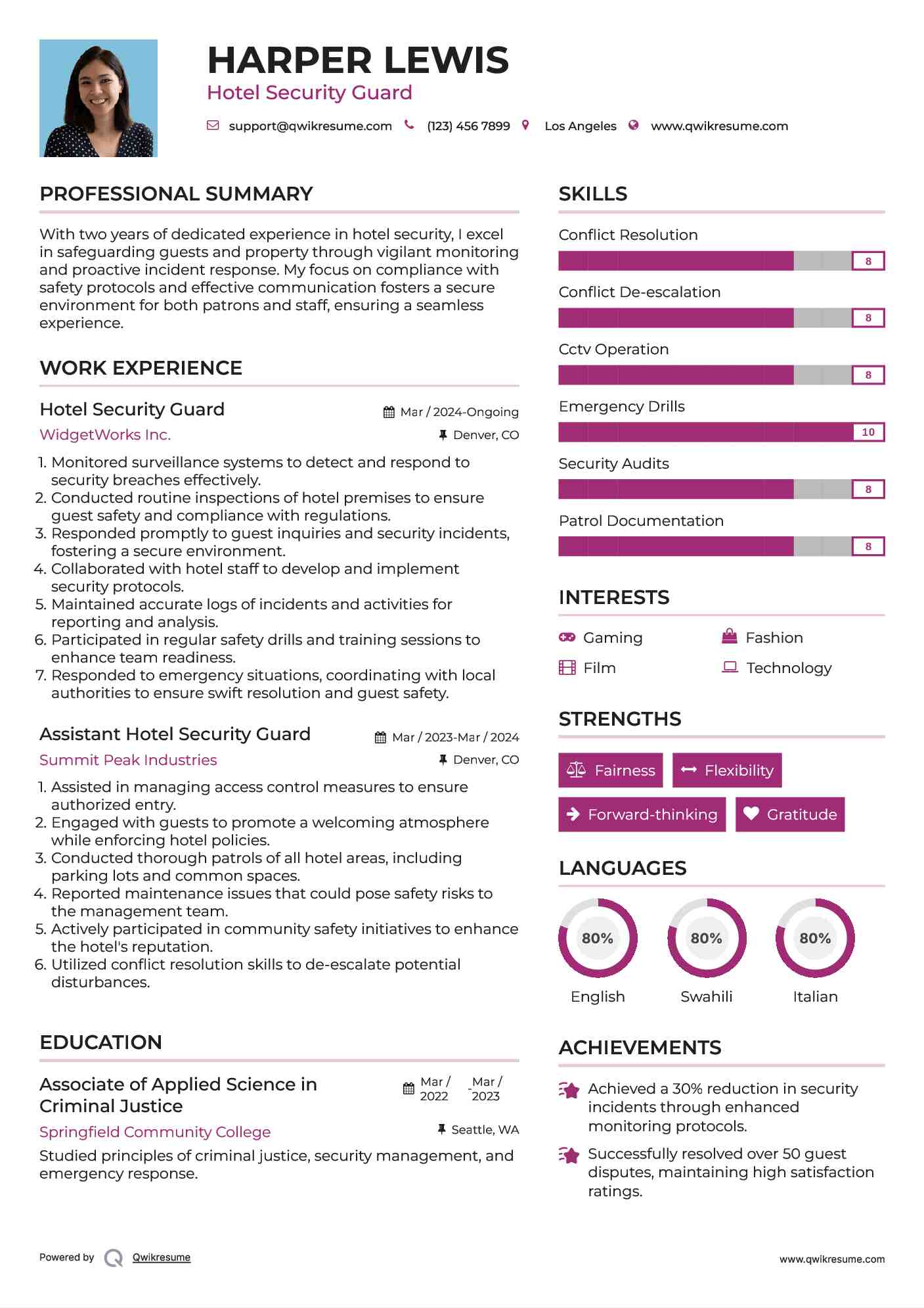 Hotel Security Guard Resume Template