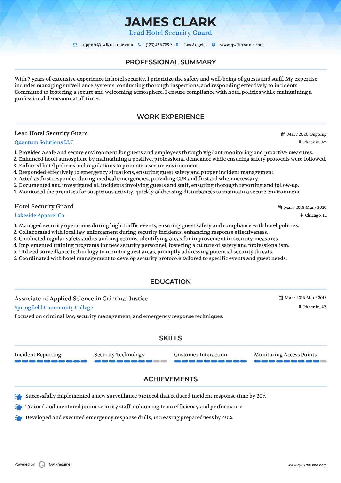 Lead Hotel Security Guard Resume Template