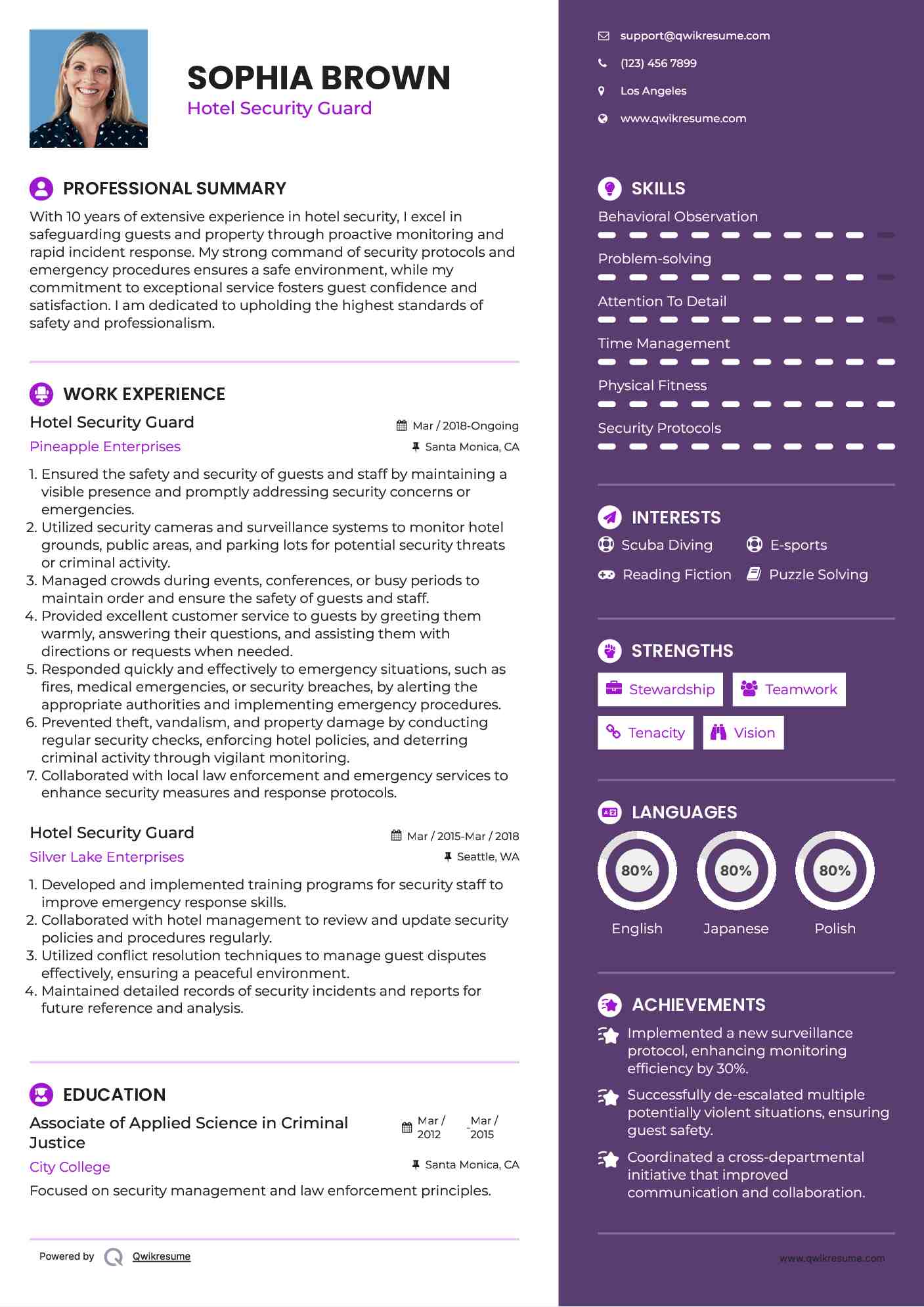 Hotel Security Guard Resume Example