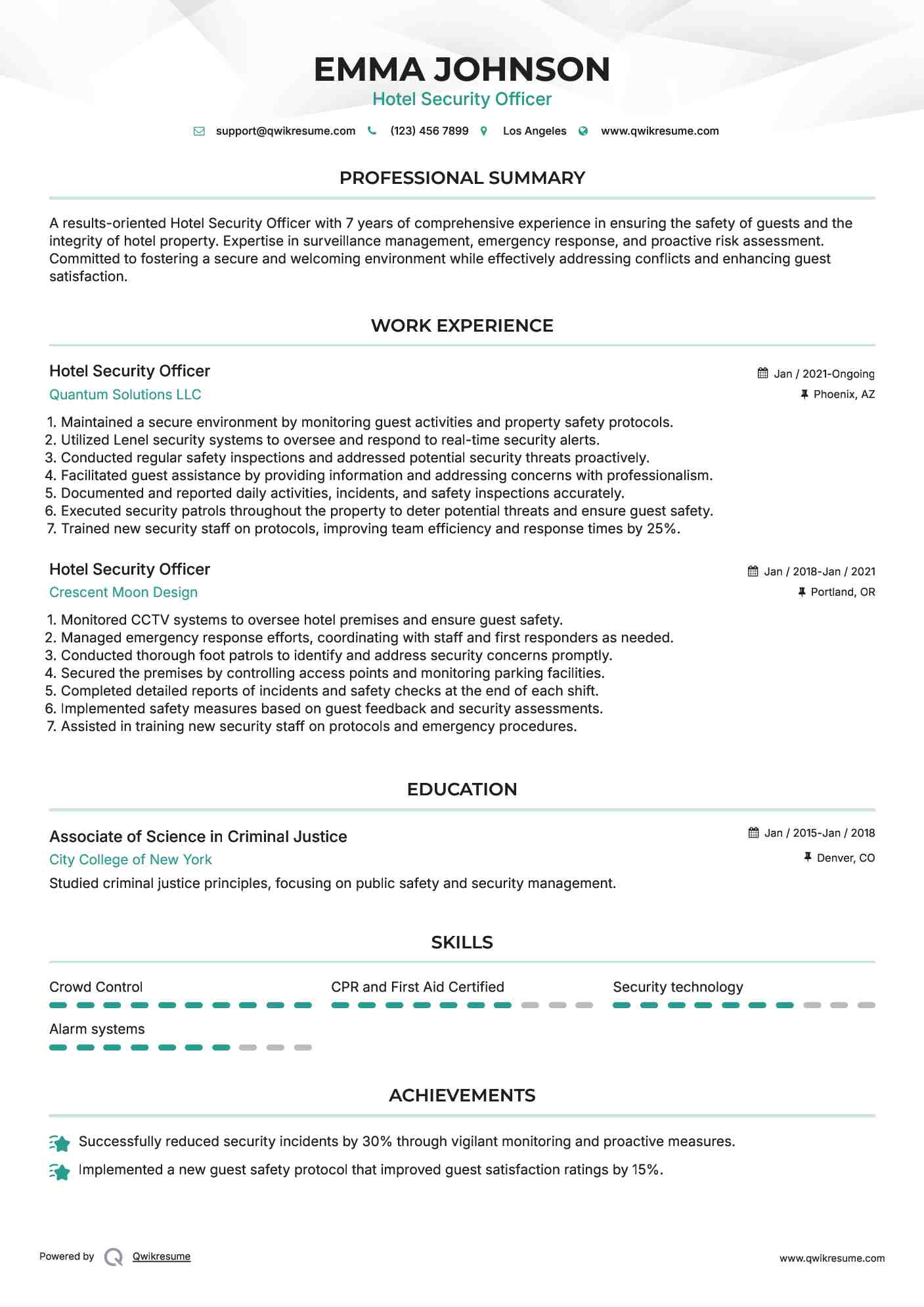 Hotel Security Officer Resume Samples QwikResume