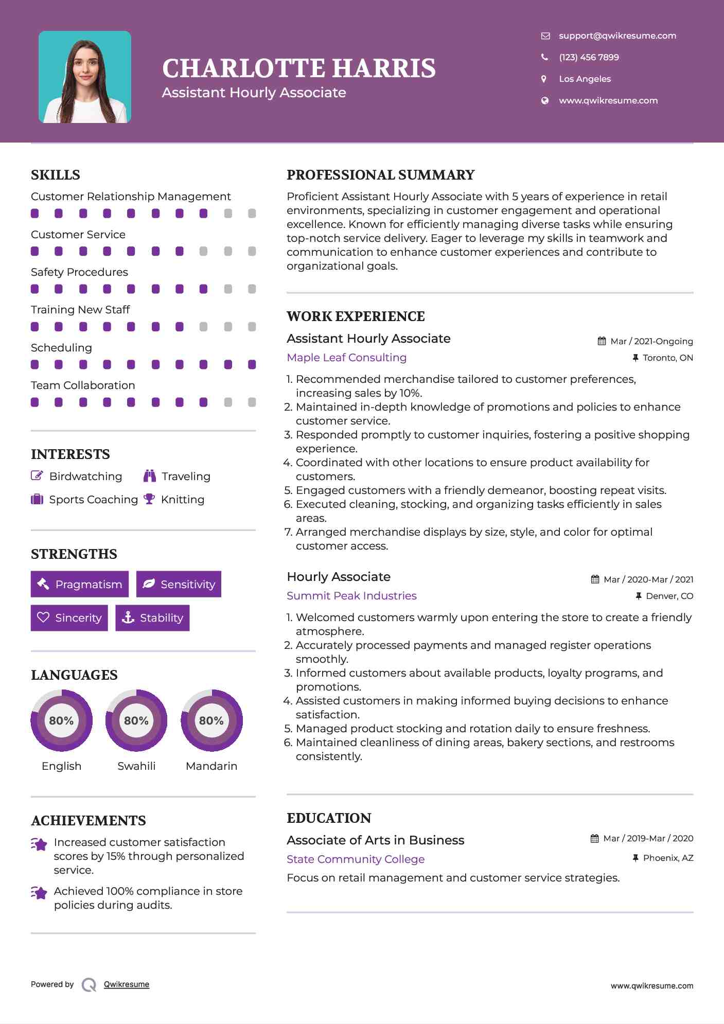 Assistant Hourly Associate Resume Model
