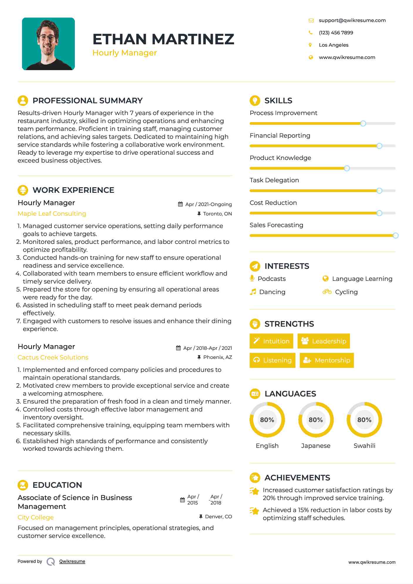 Hourly Manager Resume Sample