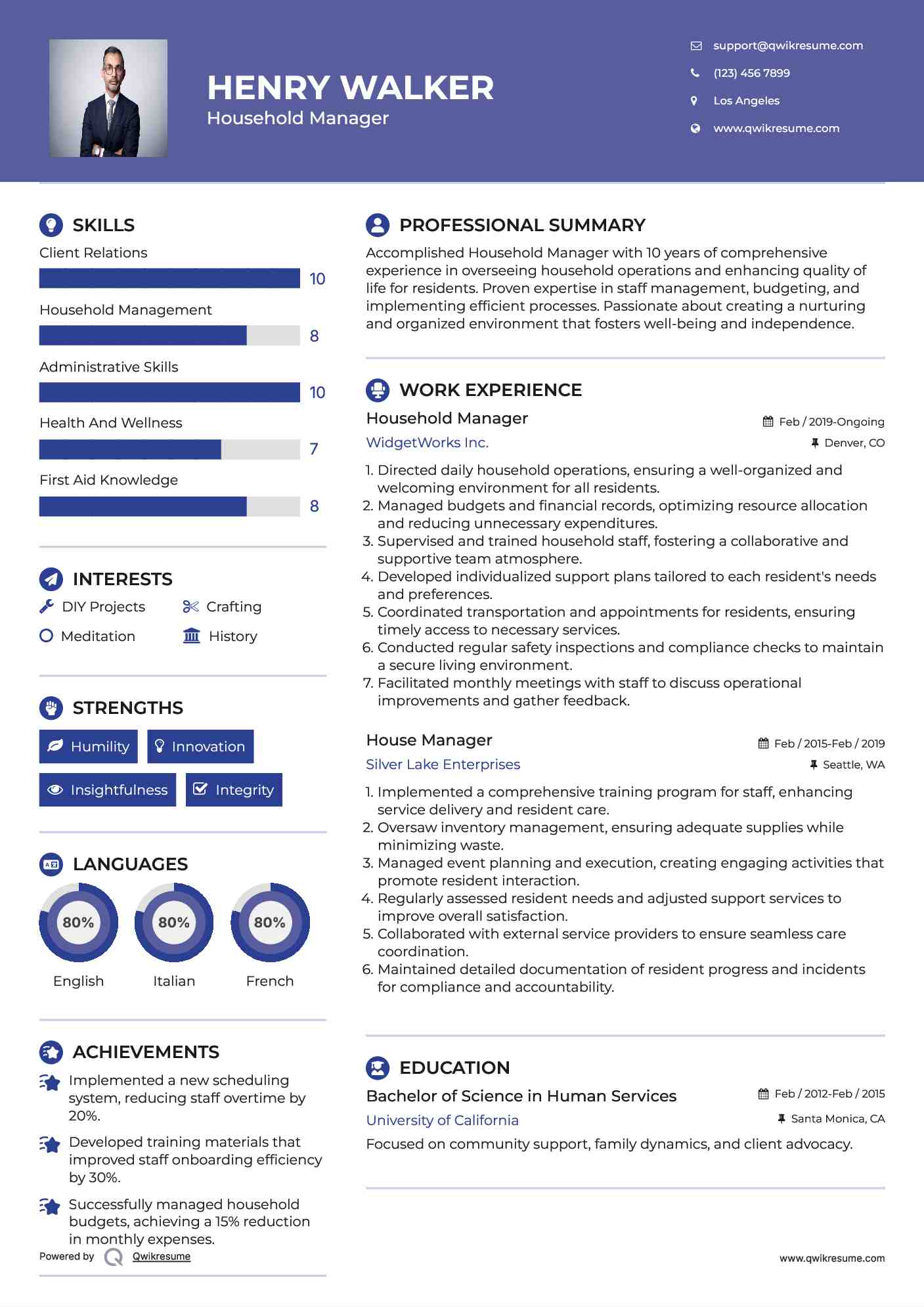 House Manager Resume Sample