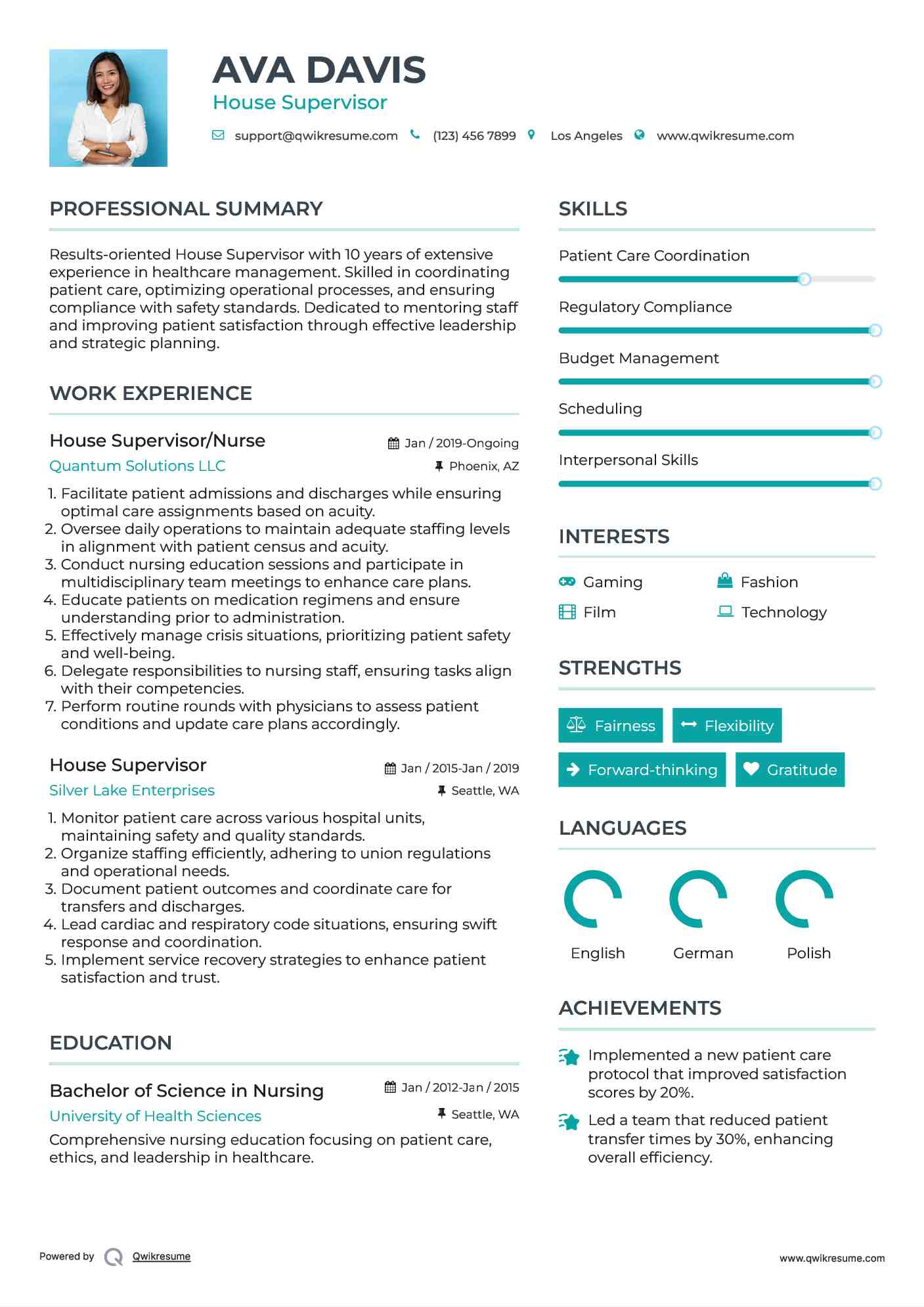 House Supervisor/Nurse Resume Format