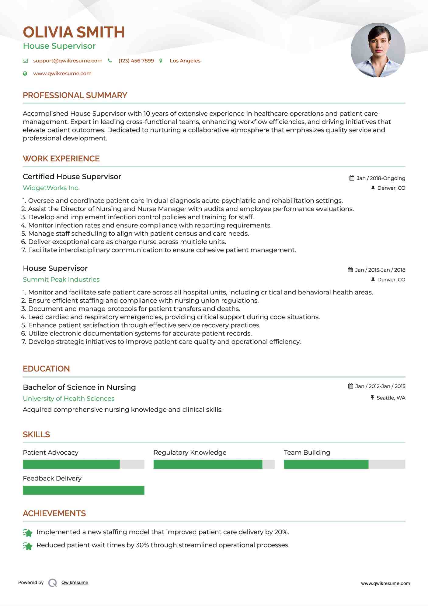 Certified House Supervisor Resume Sample