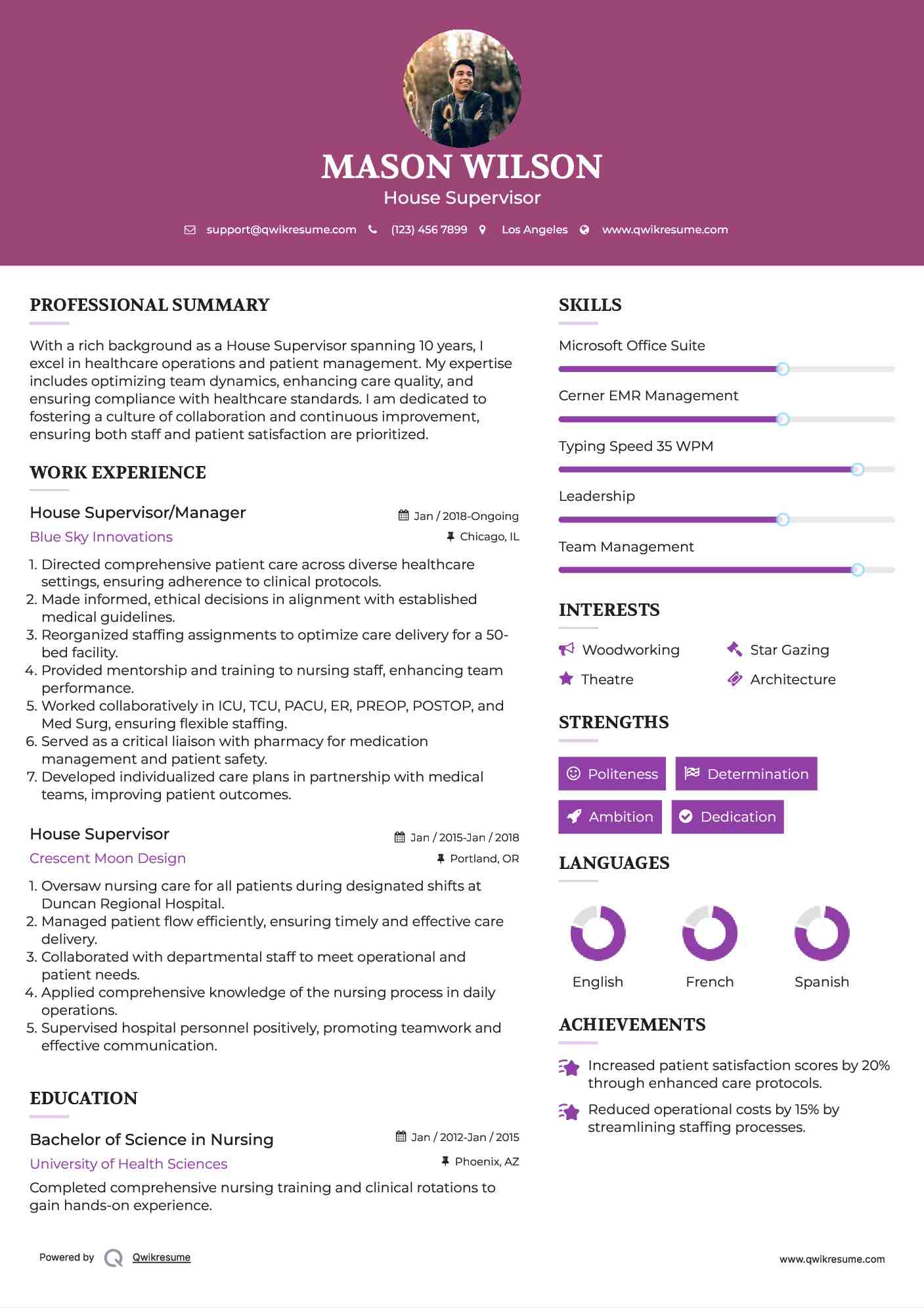 House Supervisor/Manager Resume Sample