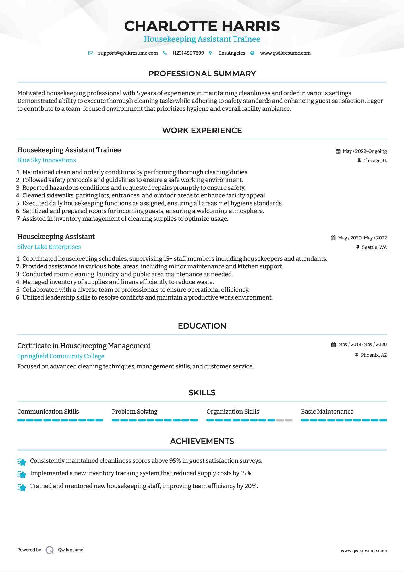Housekeeping Assistant Resume Samples QwikResume