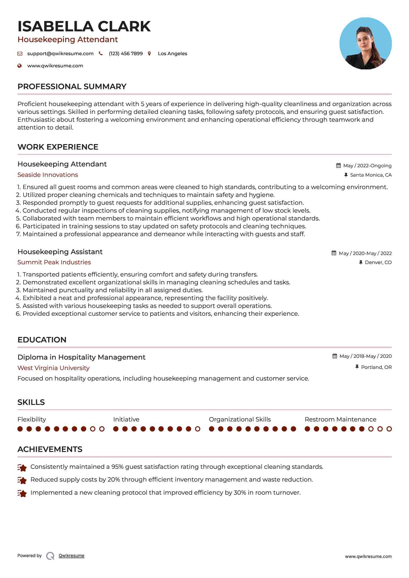 Housekeeping Attendant Resume Format