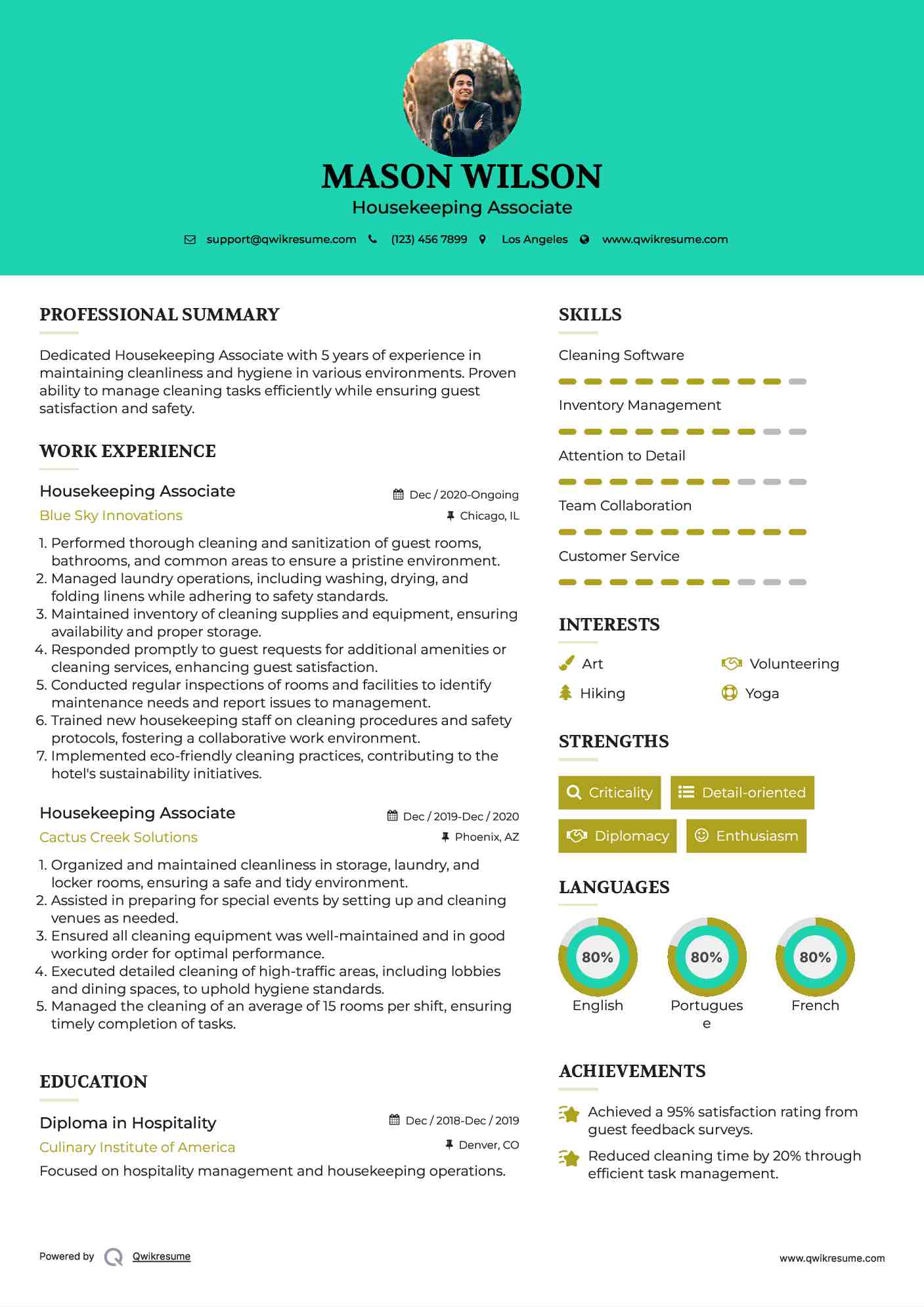 Housekeeping Associate Resume Example