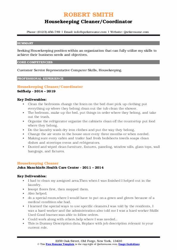 Housekeeping Cleaner Resume Samples QwikResume