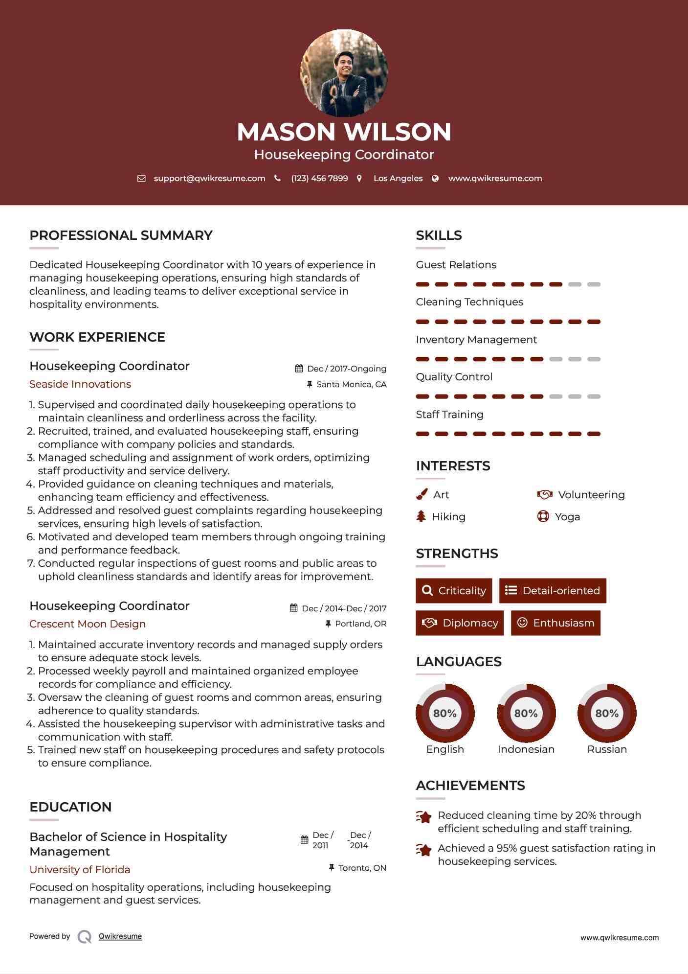 Housekeeping Coordinator Resume Template