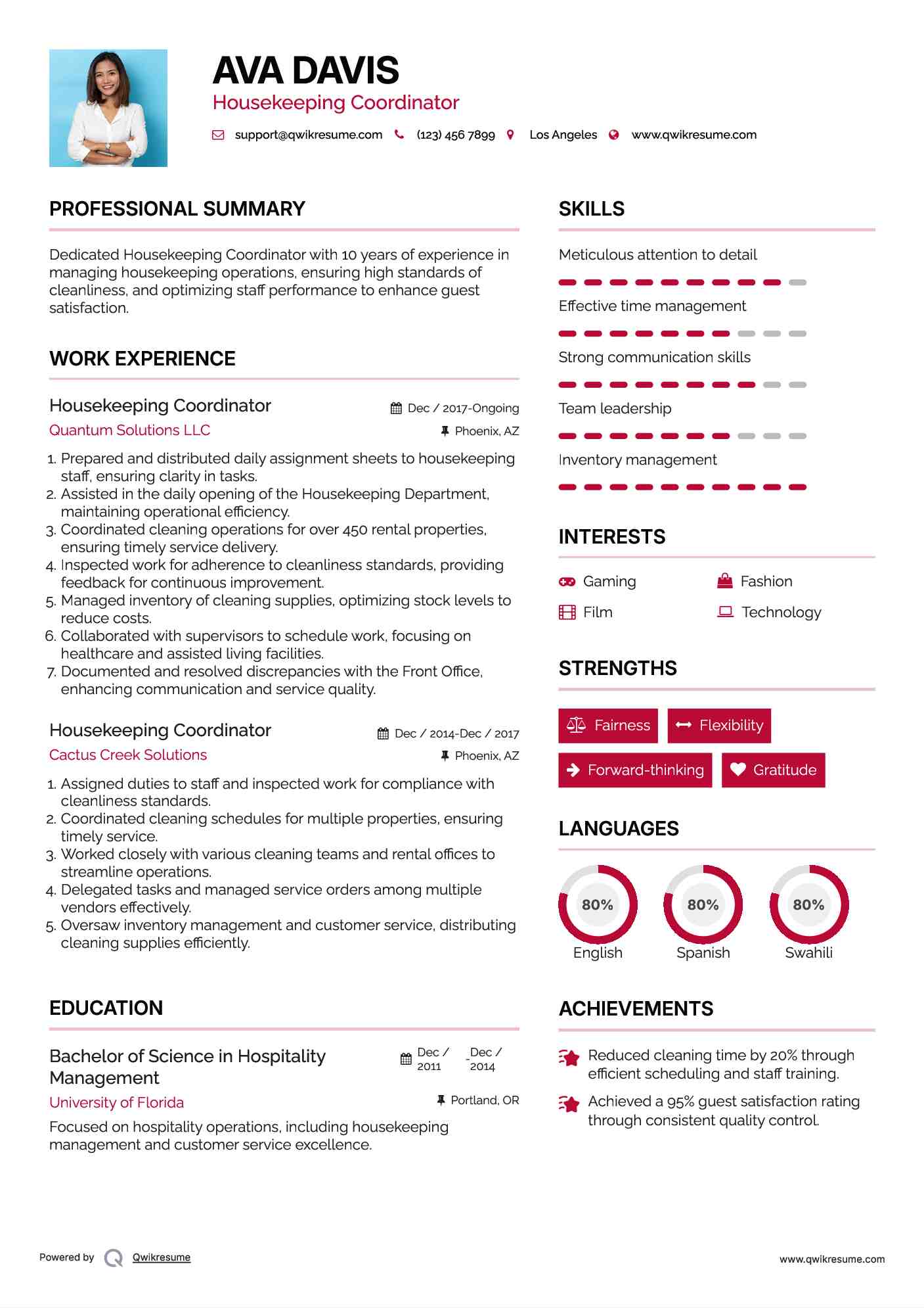 Housekeeping Coordinator Resume Example