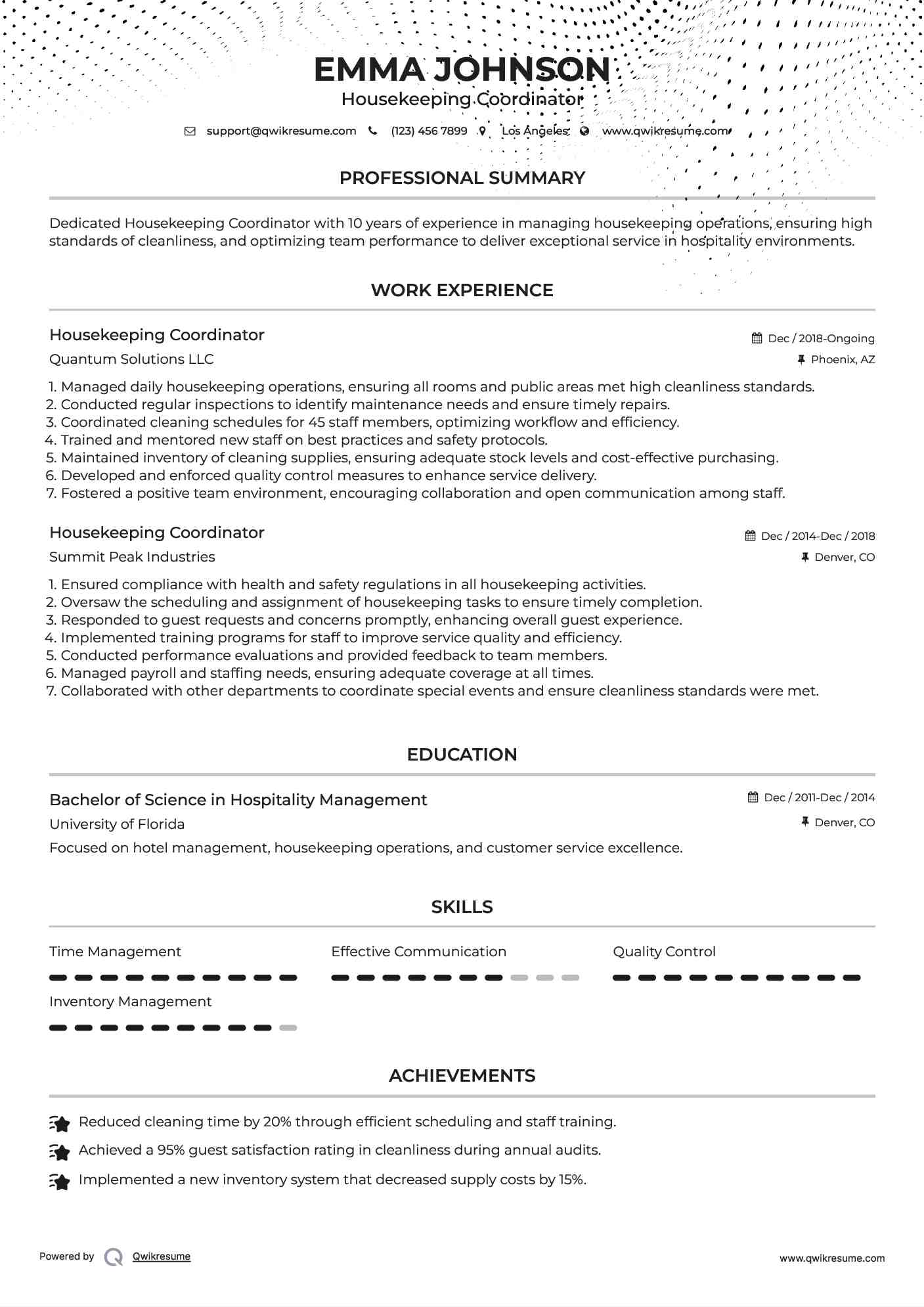 Housekeeping Coordinator Resume Example