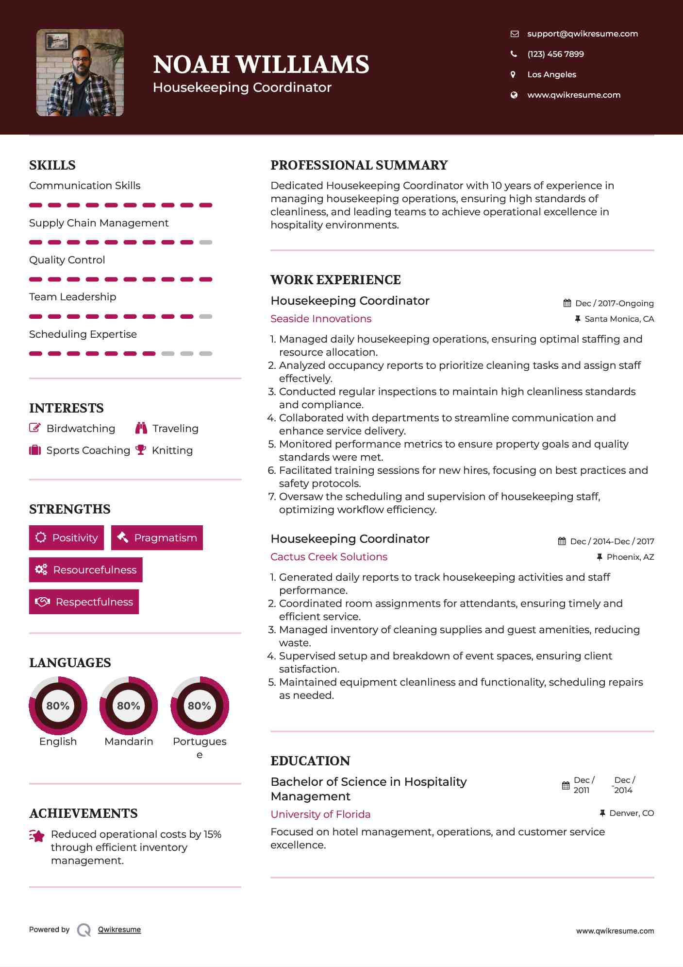 Housekeeping Coordinator Resume Example