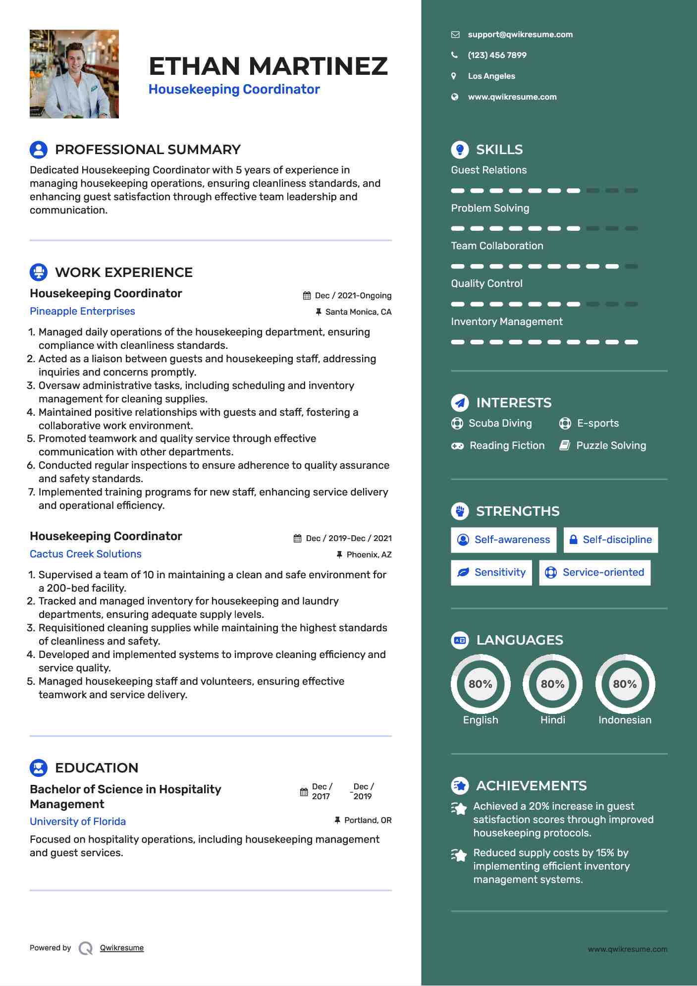 Housekeeping Coordinator Resume Template