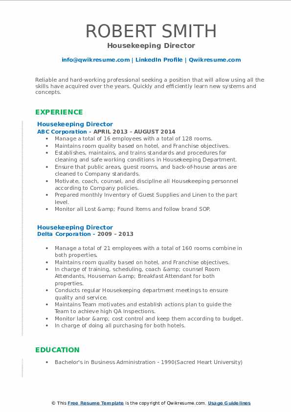 Housekeeping Director Resume Samples QwikResume