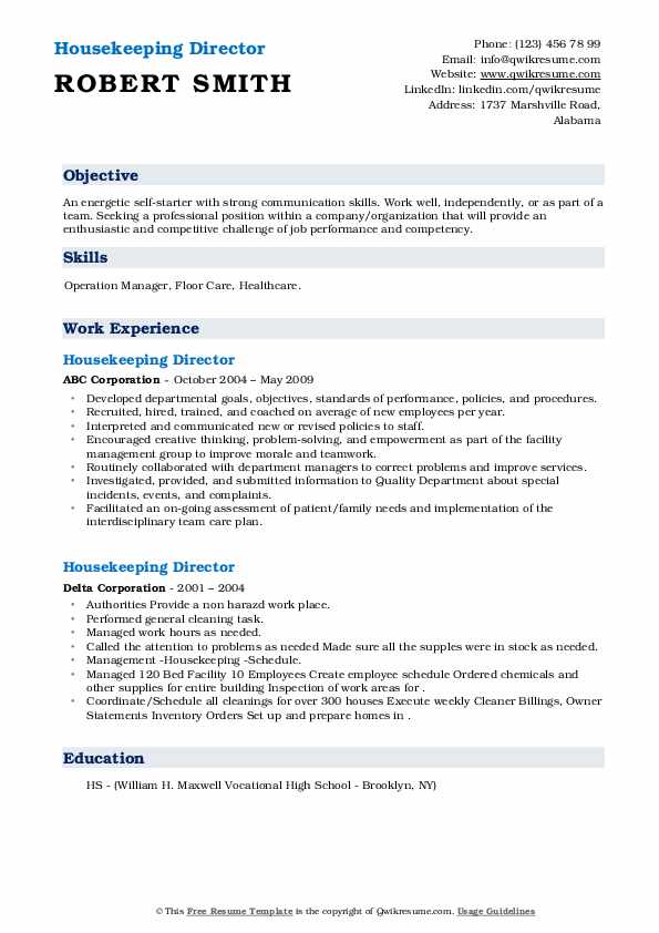 Housekeeping Director Resume Samples QwikResume