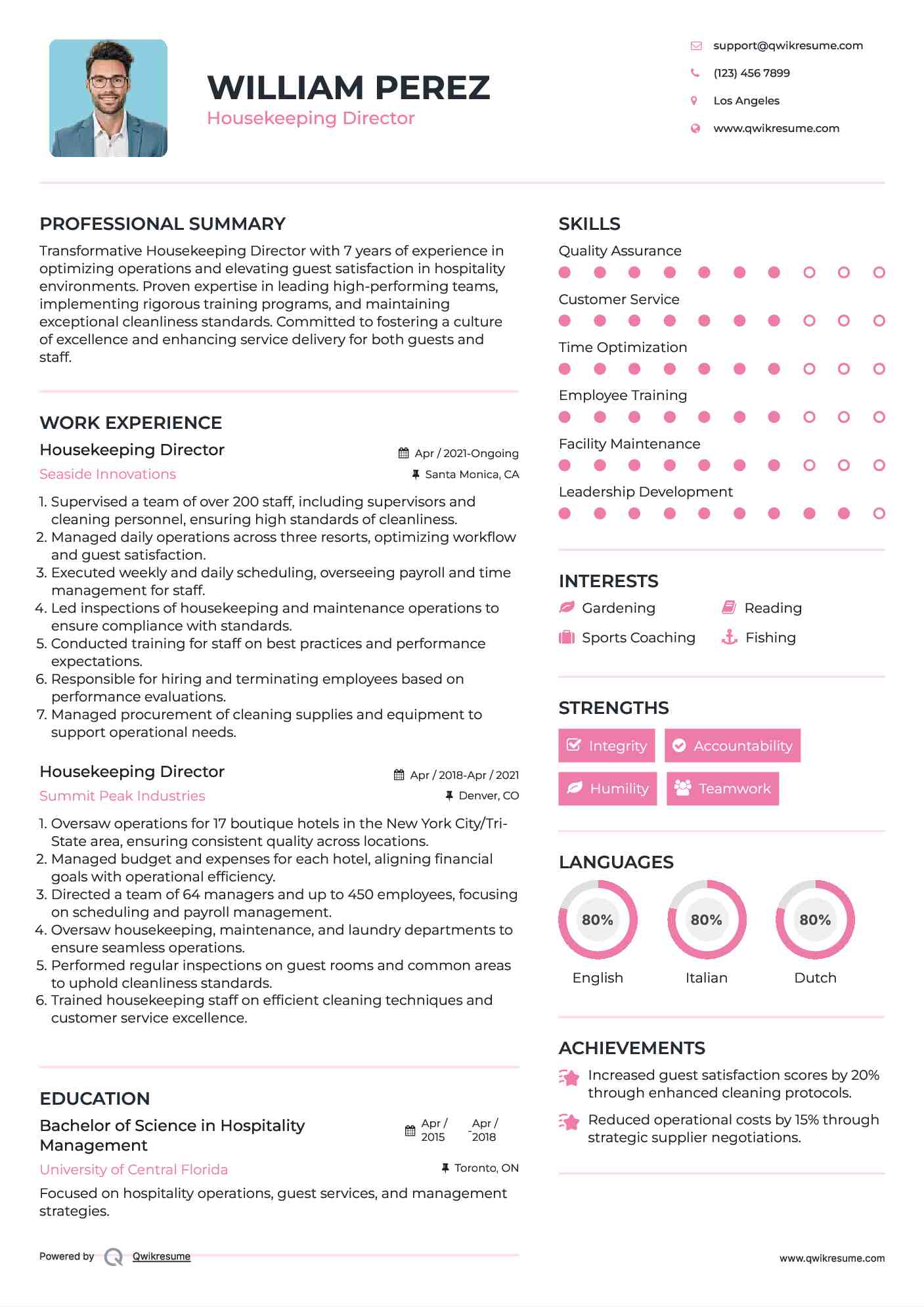 Housekeeping Director Resume Sample