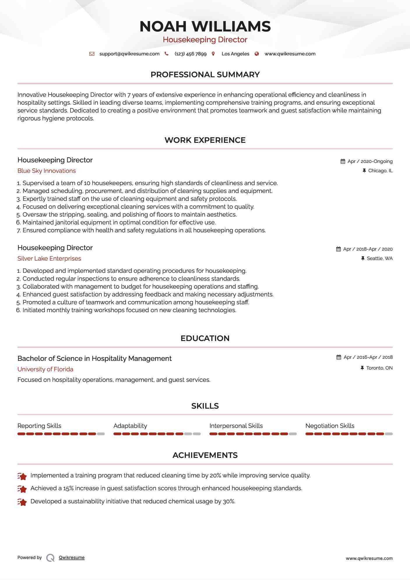 Housekeeping Director Resume Sample