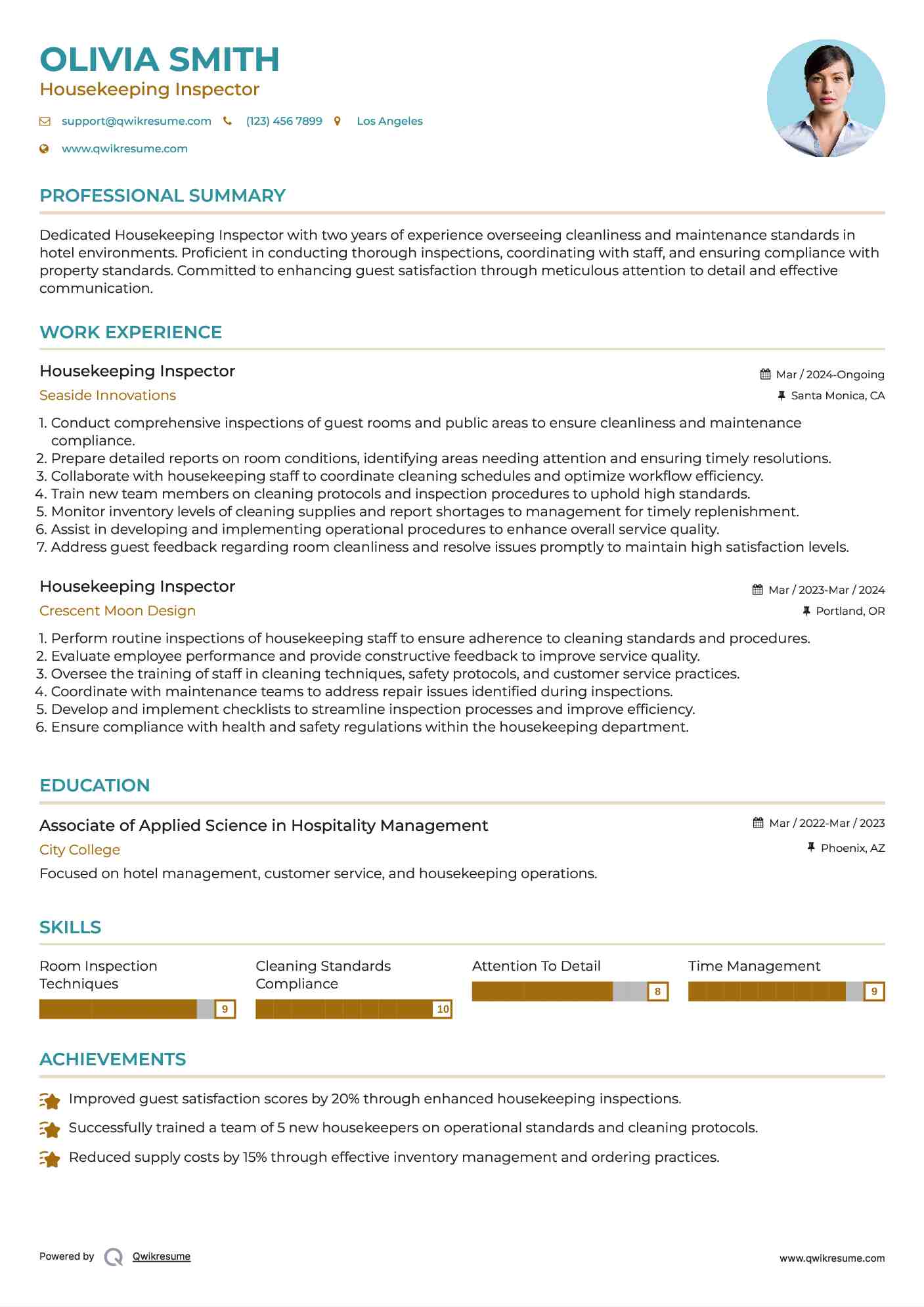 Housekeeping Inspector Resume Model