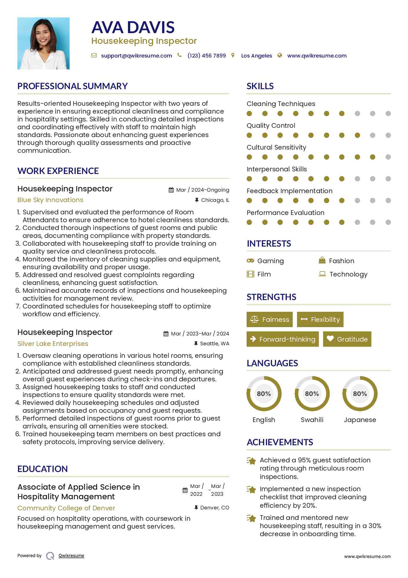 Housekeeping Inspector Resume Example