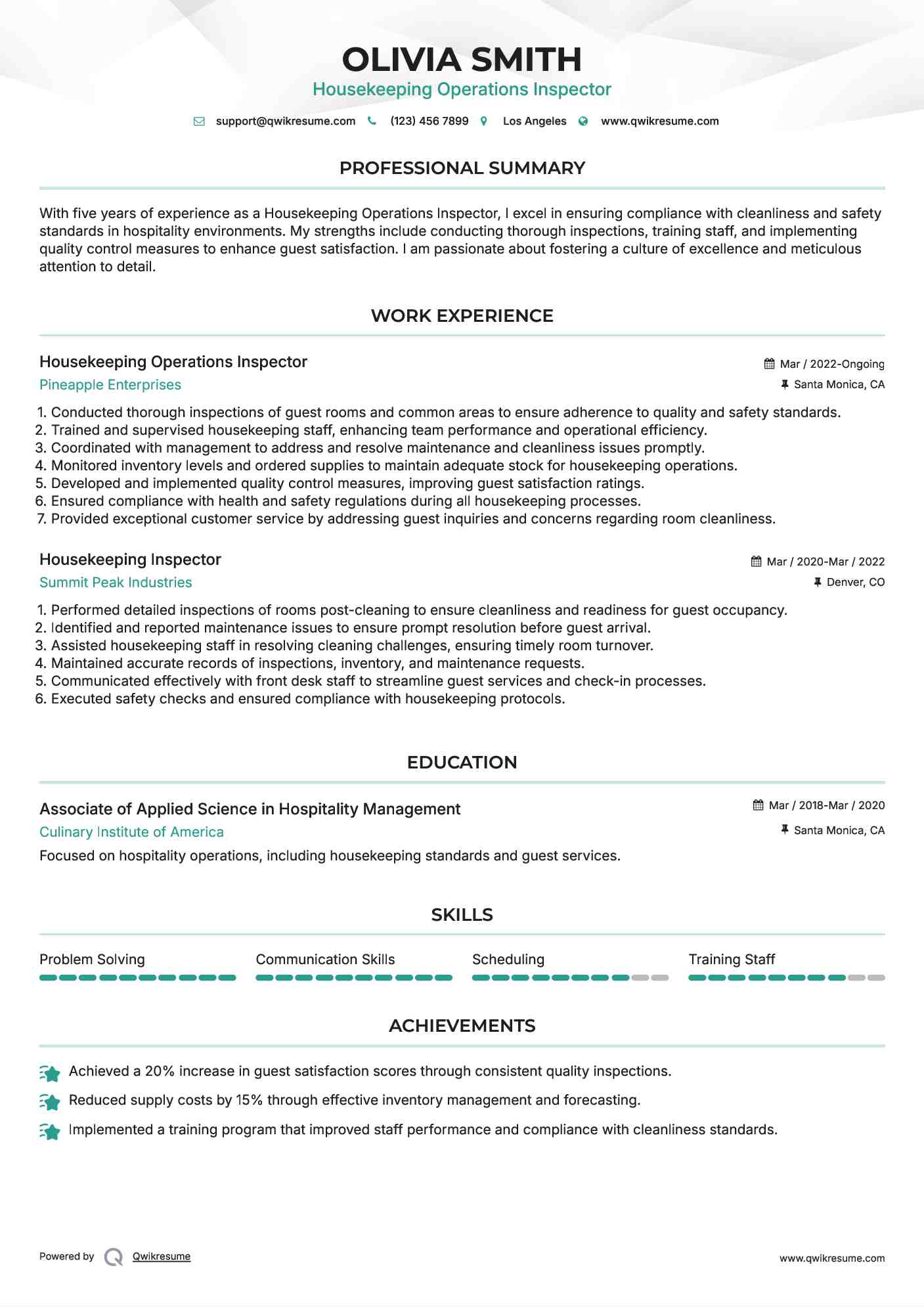 Housekeeping Operations Inspector Resume Model