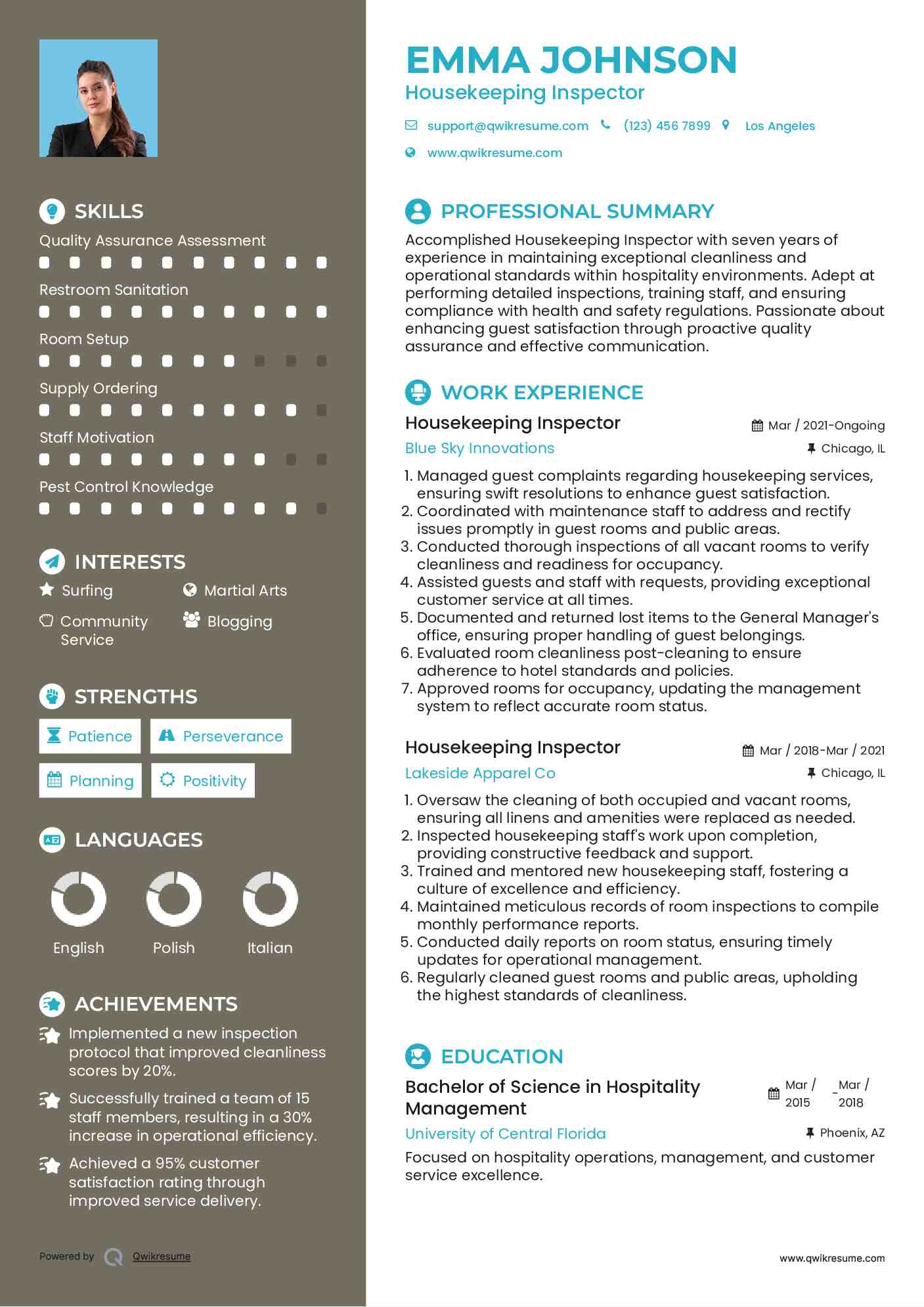 Housekeeping Inspector Resume Template