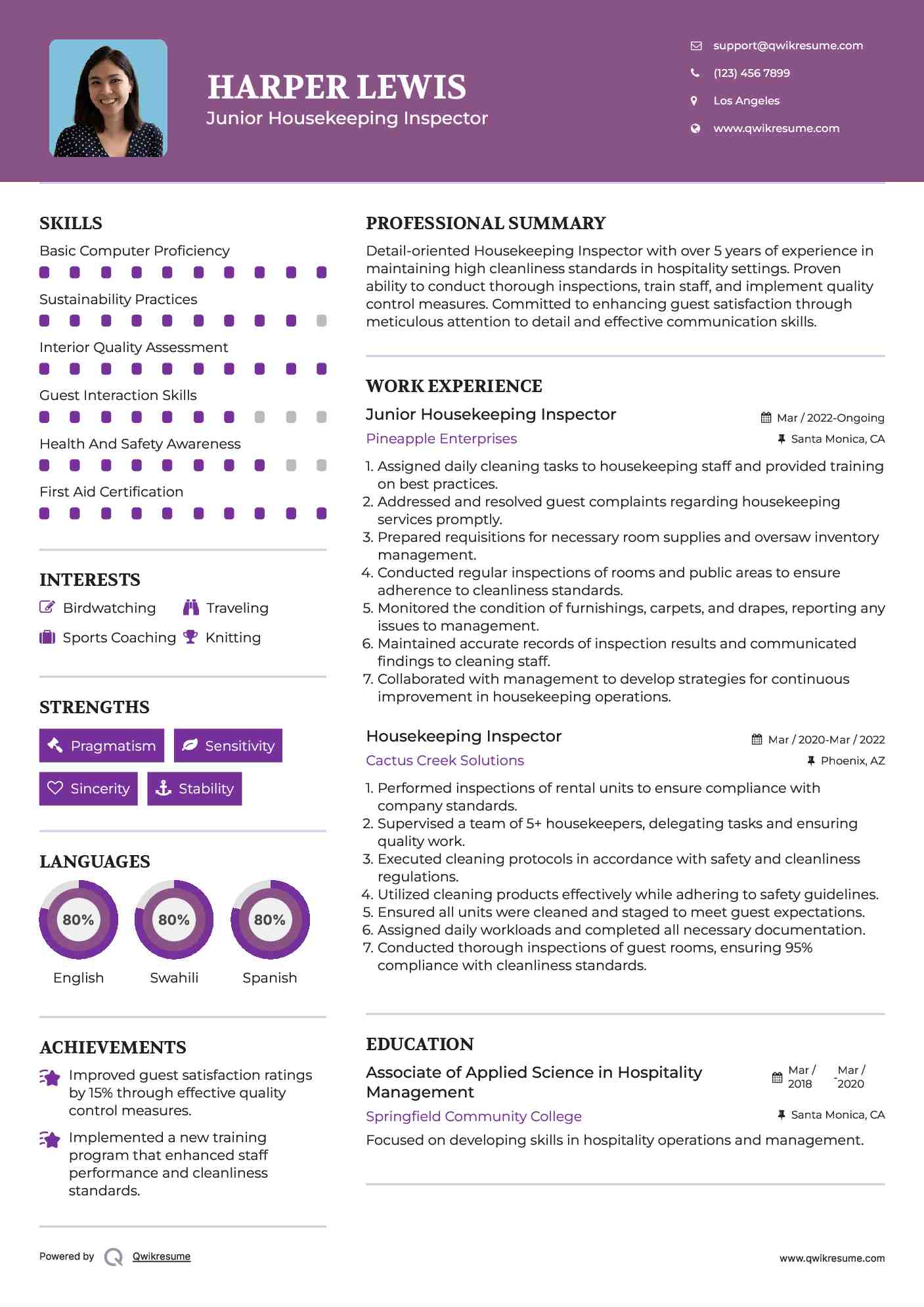 Junior Housekeeping Inspector Resume Sample