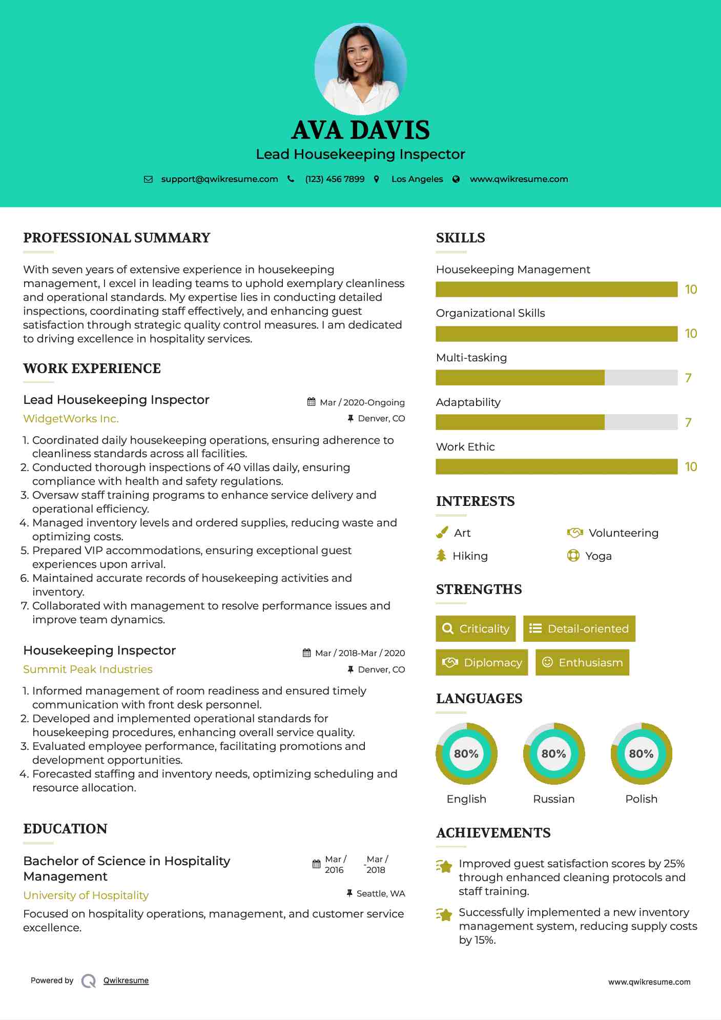 Lead Housekeeping Inspector Resume Sample