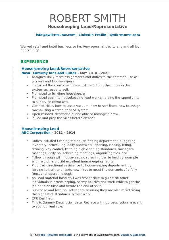 Housekeeping Lead Resume Samples QwikResume