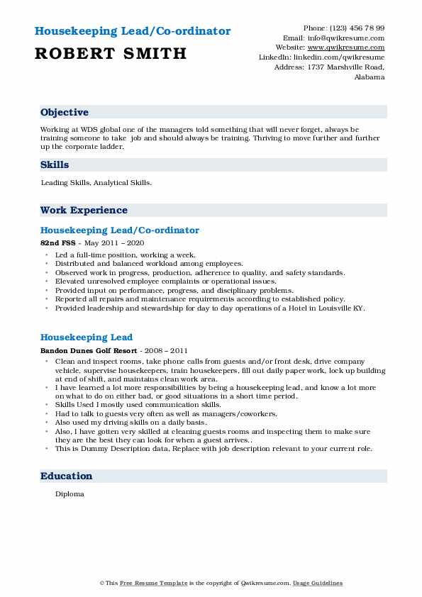 Housekeeping Lead Resume Samples QwikResume