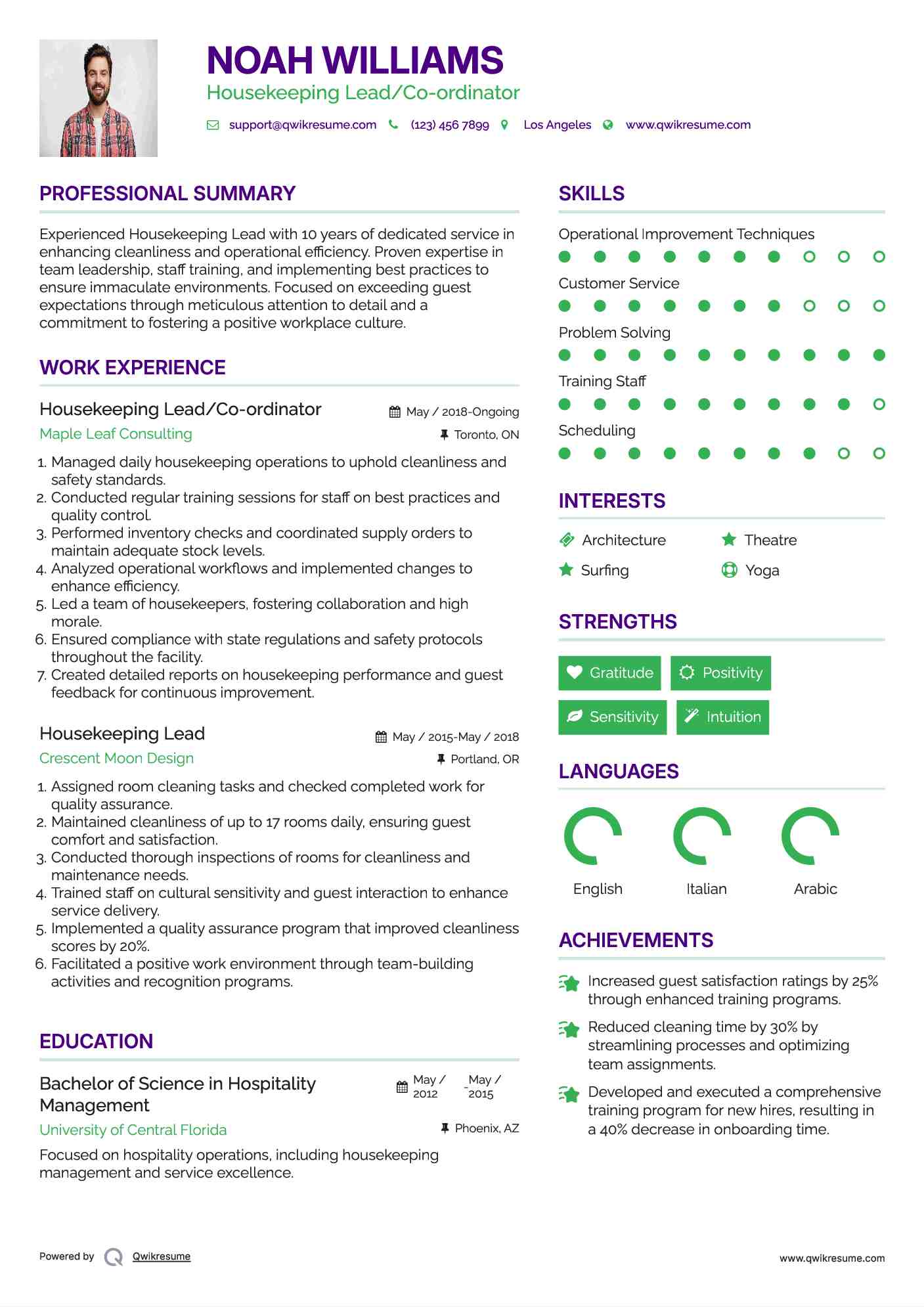 Housekeeping Lead/Co-ordinator Resume Model