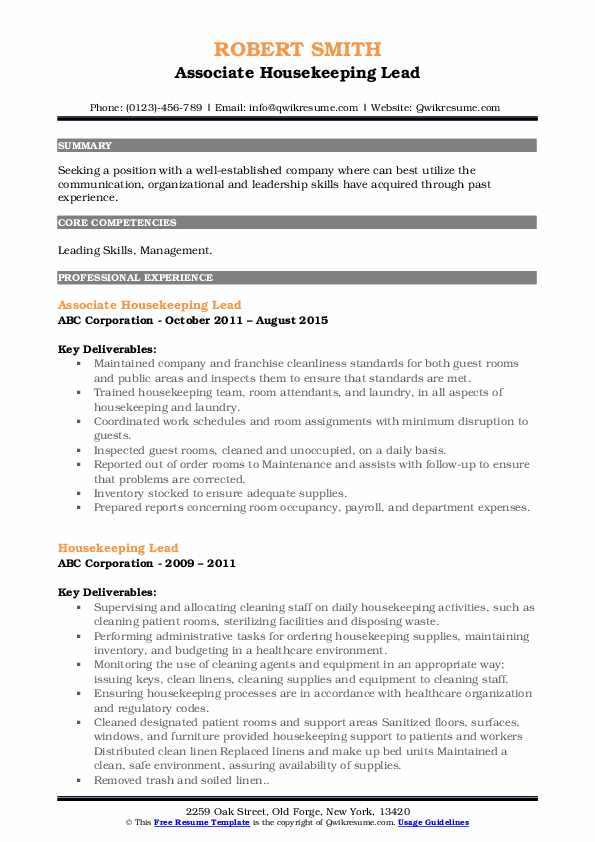 Housekeeping Lead Resume Samples QwikResume